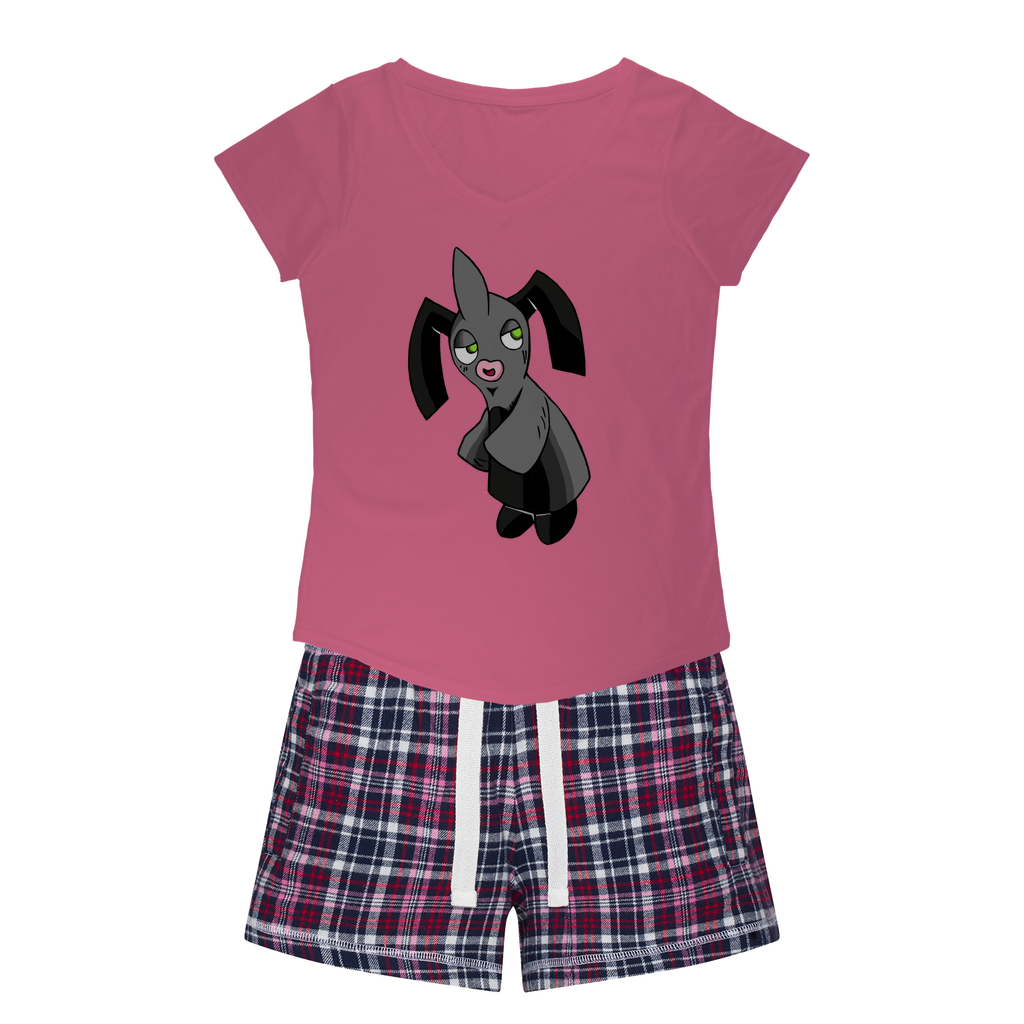 Snaughtnaut Women's Sleepy Tee and Flannel Short set featuring a relaxed fit T-shirt and vibrant flannel shorts, perfect for cozy nights.