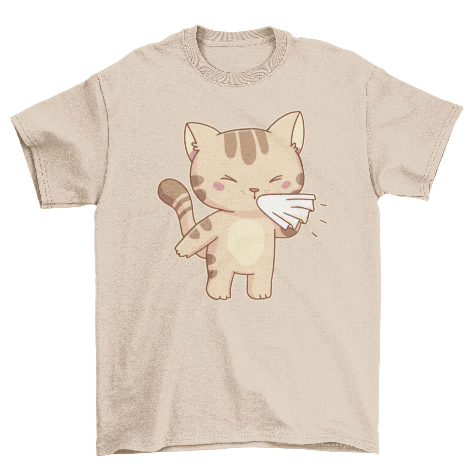 A cute t-shirt featuring a cartoon cat character sneezing, showcasing vibrant colors and playful design.