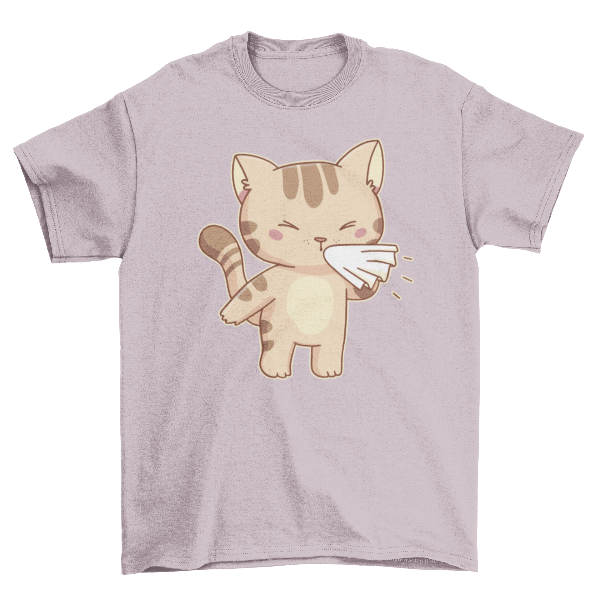 A cute t-shirt featuring a cartoon cat character sneezing, showcasing vibrant colors and playful design.