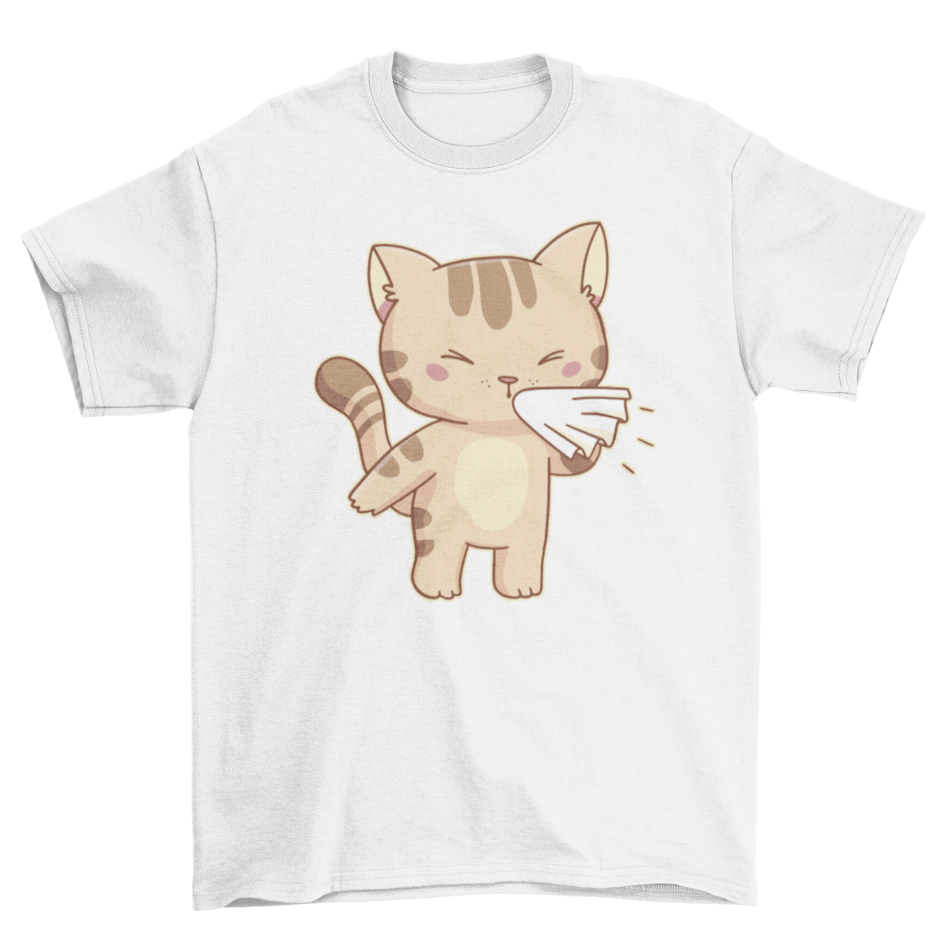 A cute t-shirt featuring a cartoon cat character sneezing, showcasing vibrant colors and playful design.