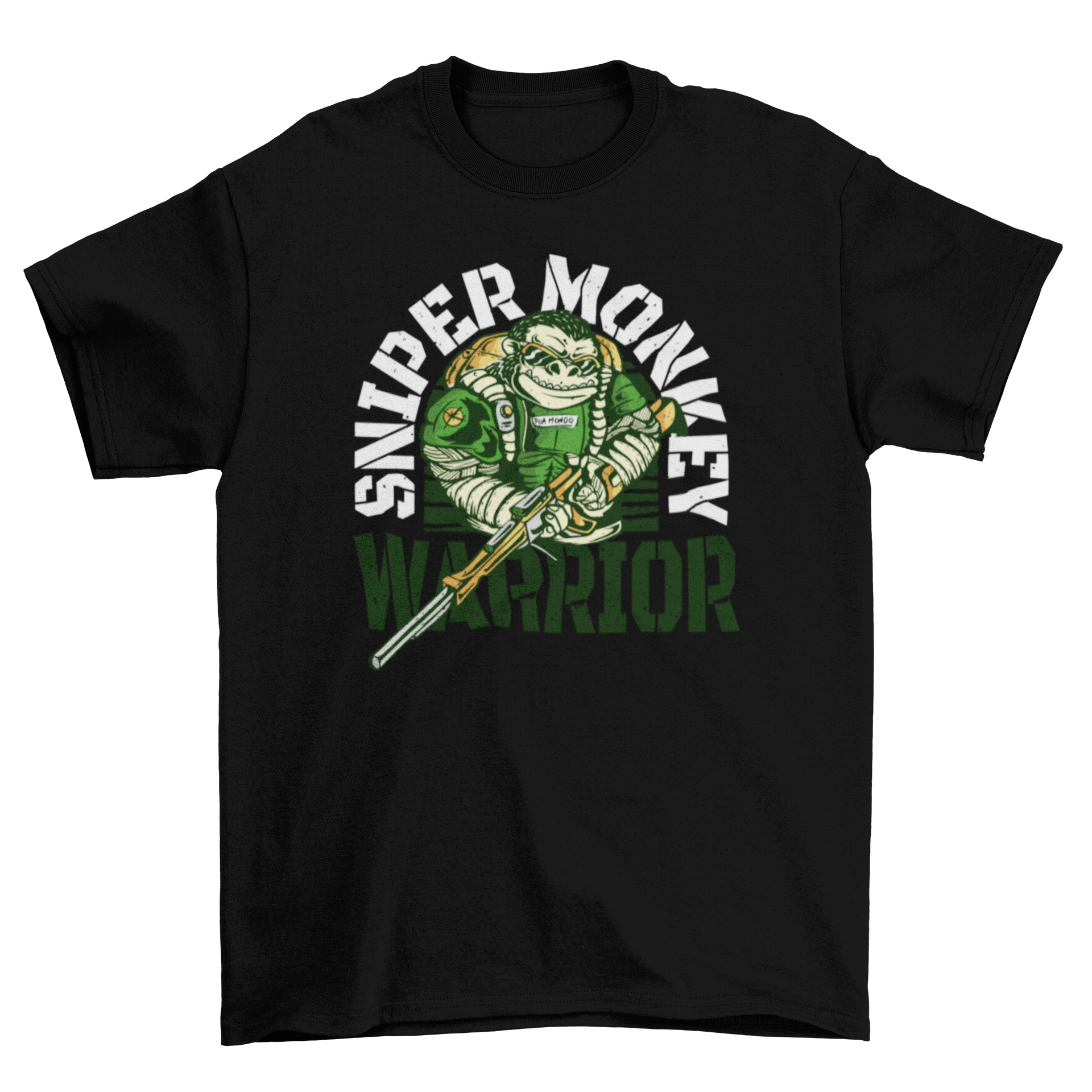 A stylish t-shirt featuring a monkey holding a sniper rifle with the caption 'Sniper Monkey Warrior'.