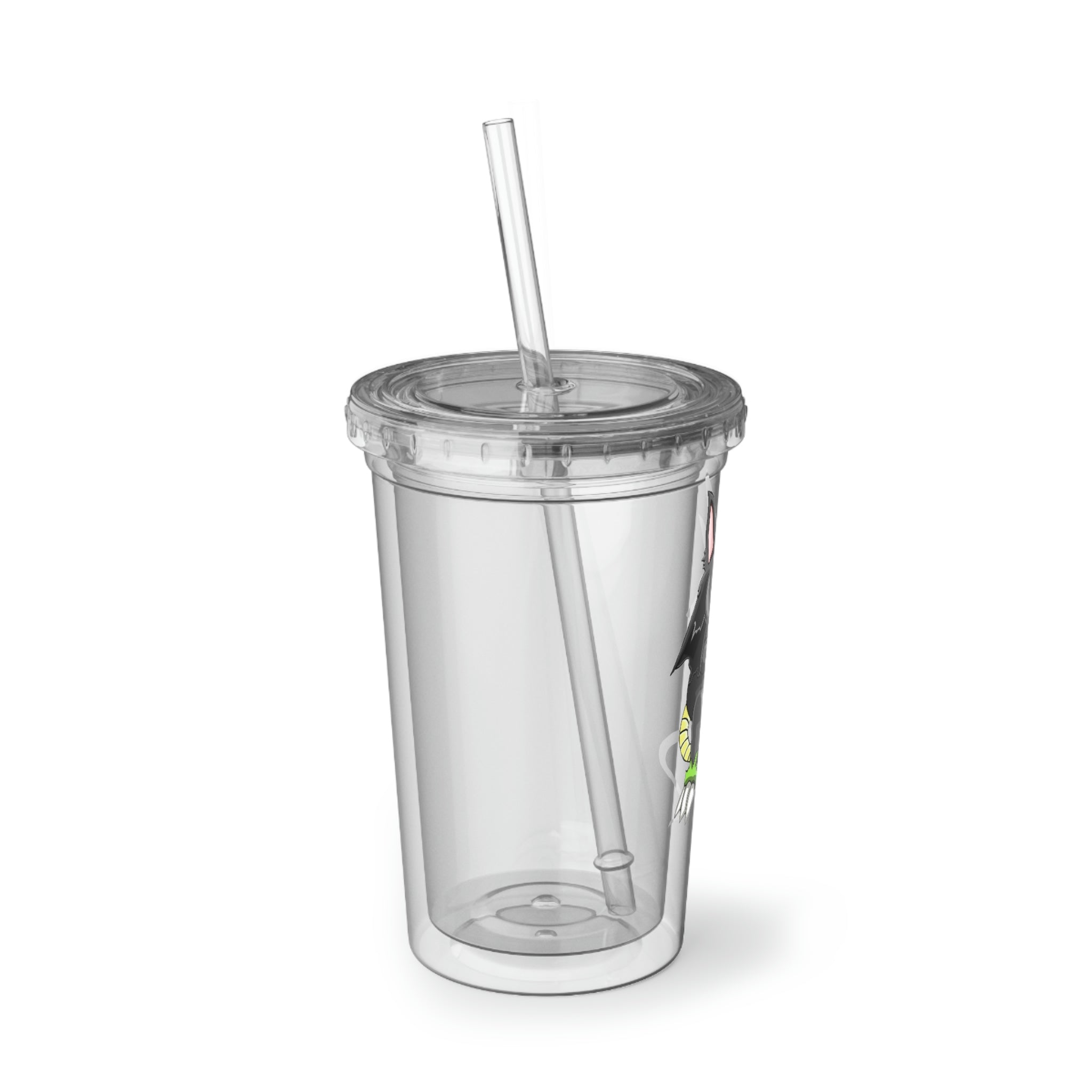 Snouse Suave Acrylic Cup in stainless steel with a black screw-on cap and a plastic straw, showcasing a customizable design.