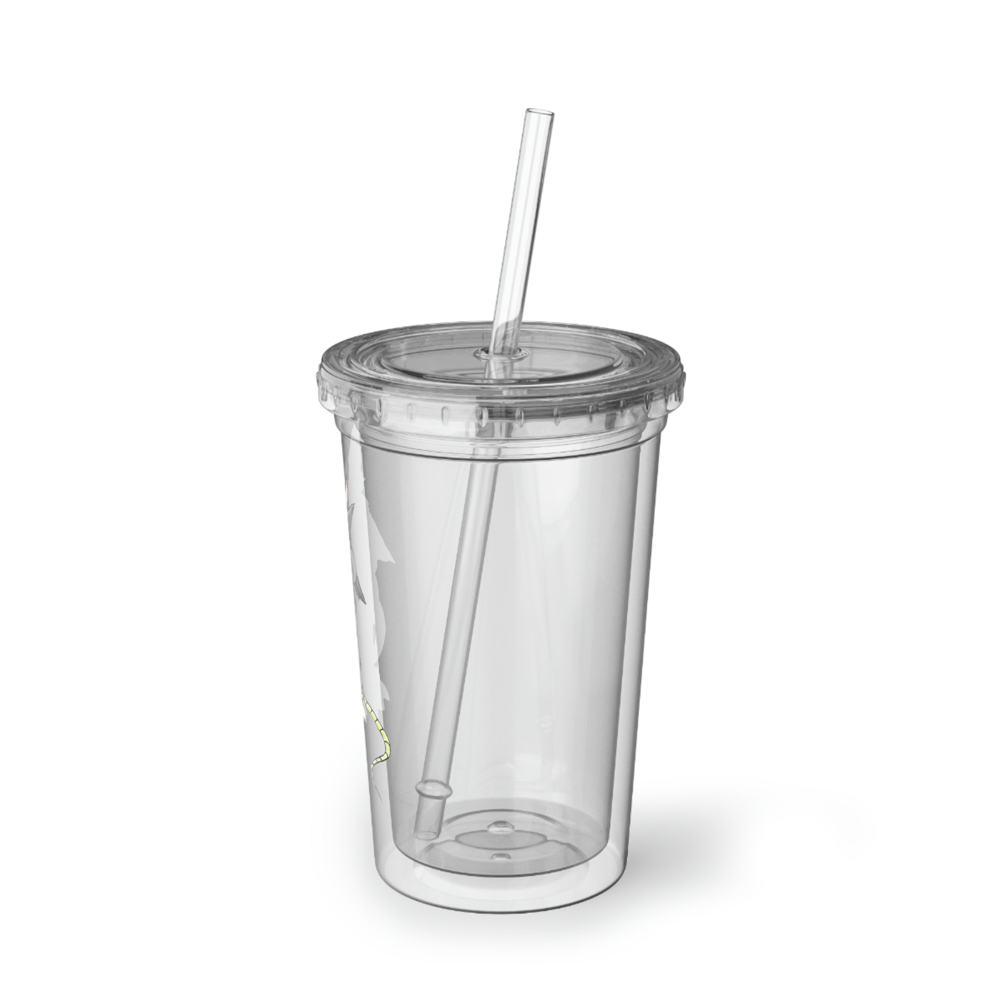 Snouse Suave Acrylic Cup in stainless steel with a black screw-on cap and a plastic straw, showcasing a customizable design.