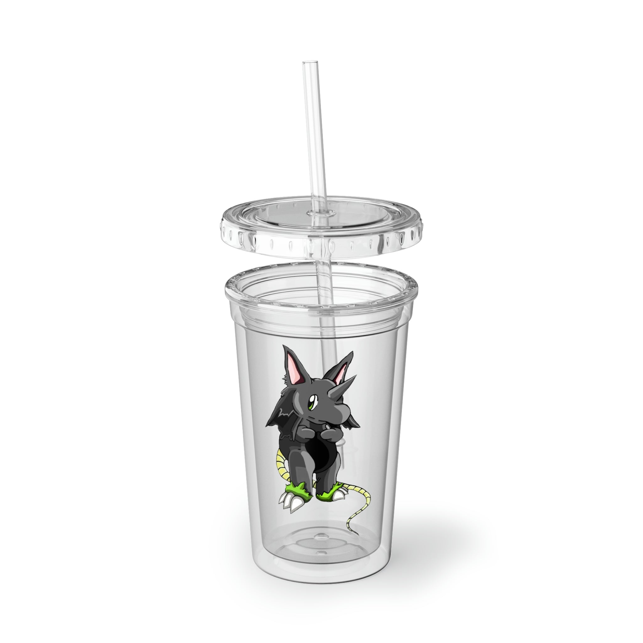 Snouse Suave Acrylic Cup in stainless steel with a black screw-on cap and a plastic straw, showcasing a customizable design.