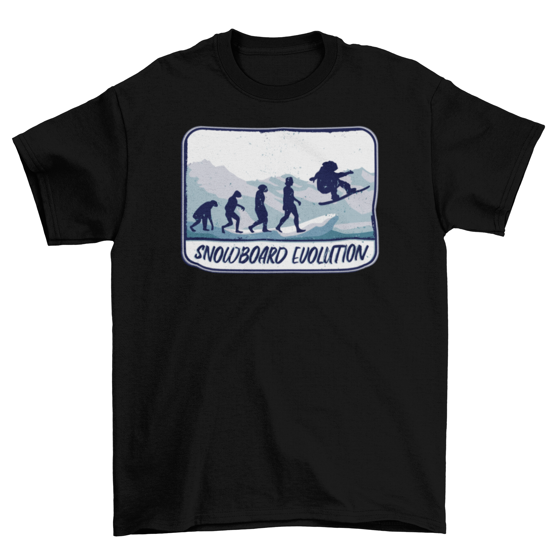 Snowboard Evolution T-Shirt featuring silhouettes of snowboarders in a mountain landscape design.