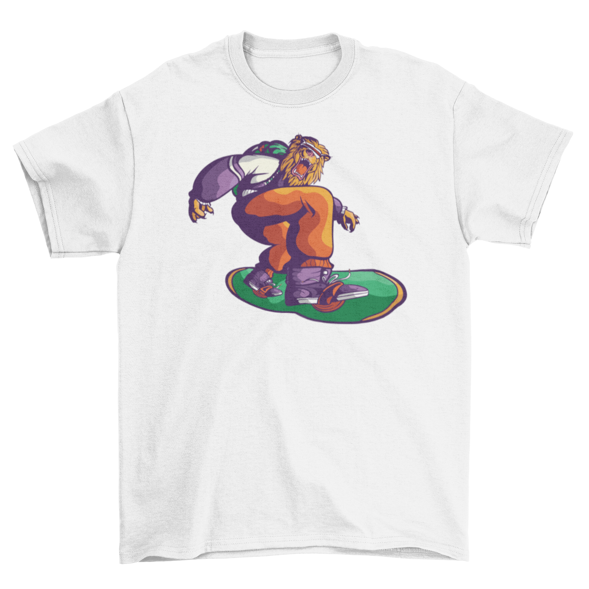 A stylish t-shirt featuring a lion snowboarding, showcasing a unique and adventurous design.