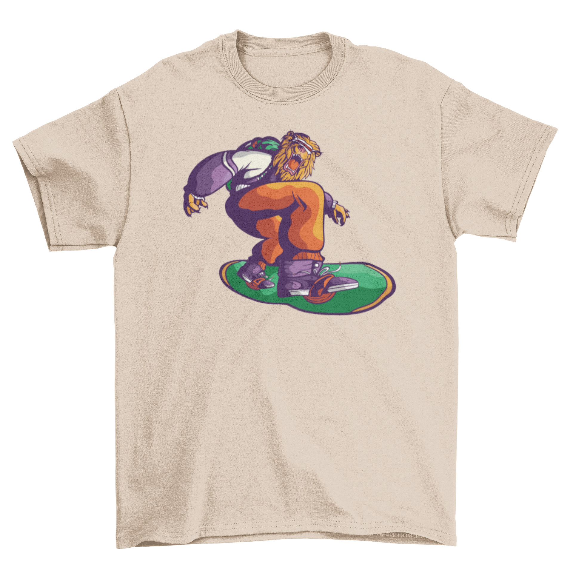 A stylish t-shirt featuring a lion snowboarding, showcasing a unique and adventurous design.