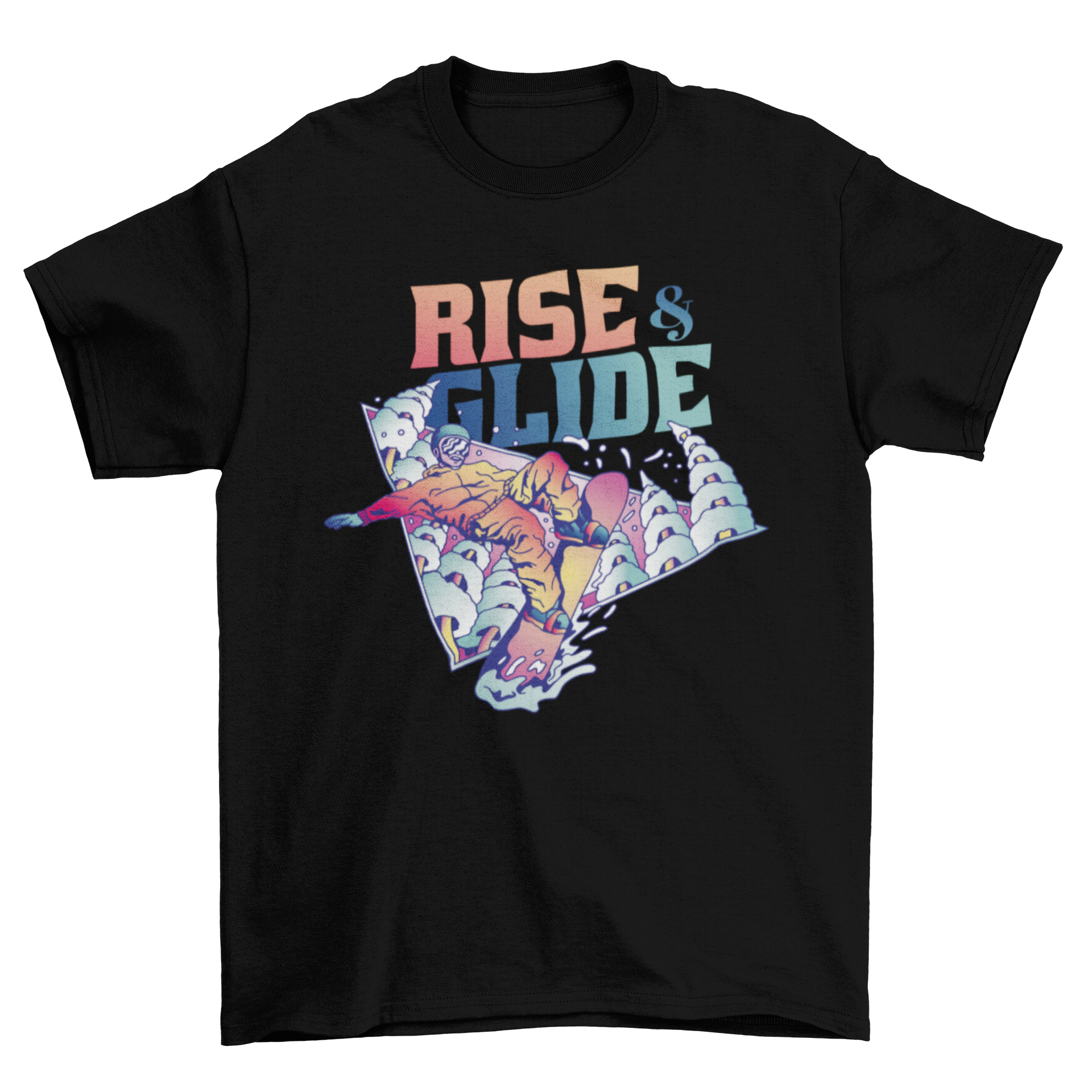 A stylish t-shirt featuring a snowboarder graphic and the quote 'Rise and glide', perfect for winter sports enthusiasts.