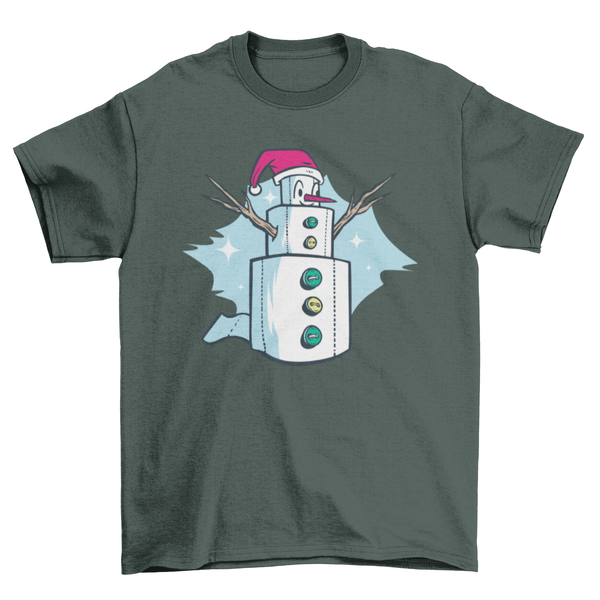 A humorous t-shirt featuring a snowman made of toilet paper rolls, perfect for holiday celebrations.