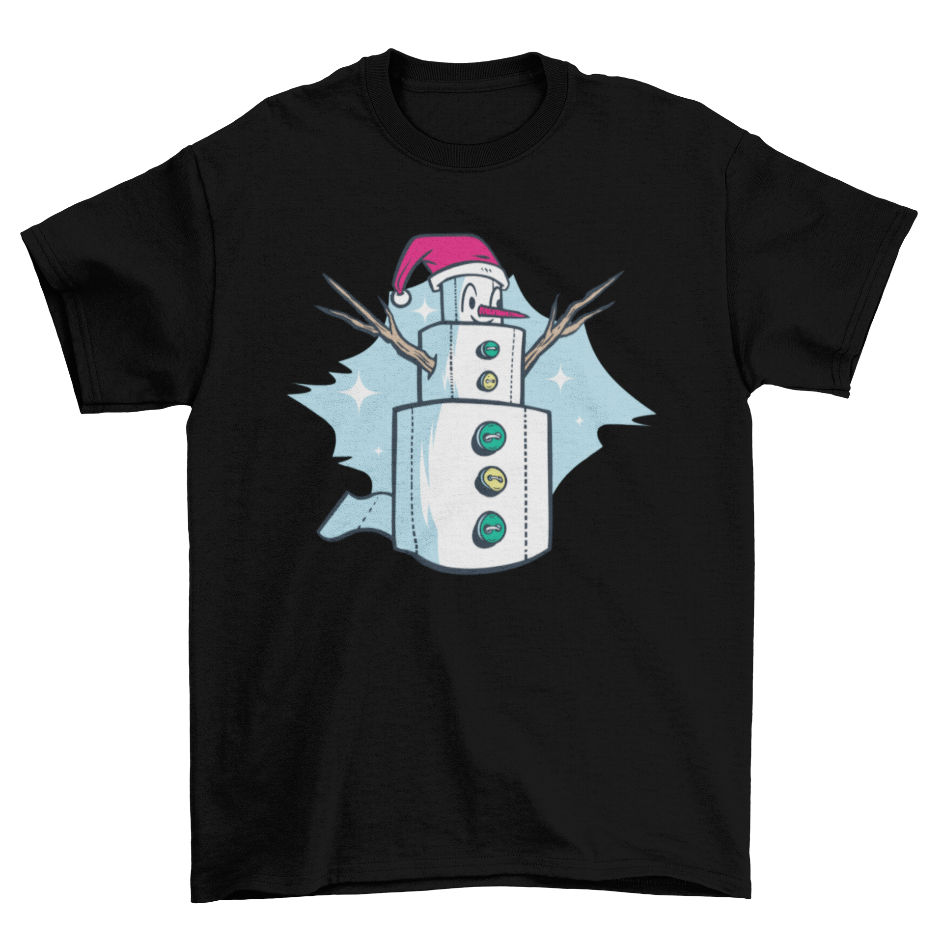 A humorous t-shirt featuring a snowman made of toilet paper rolls, perfect for holiday celebrations.