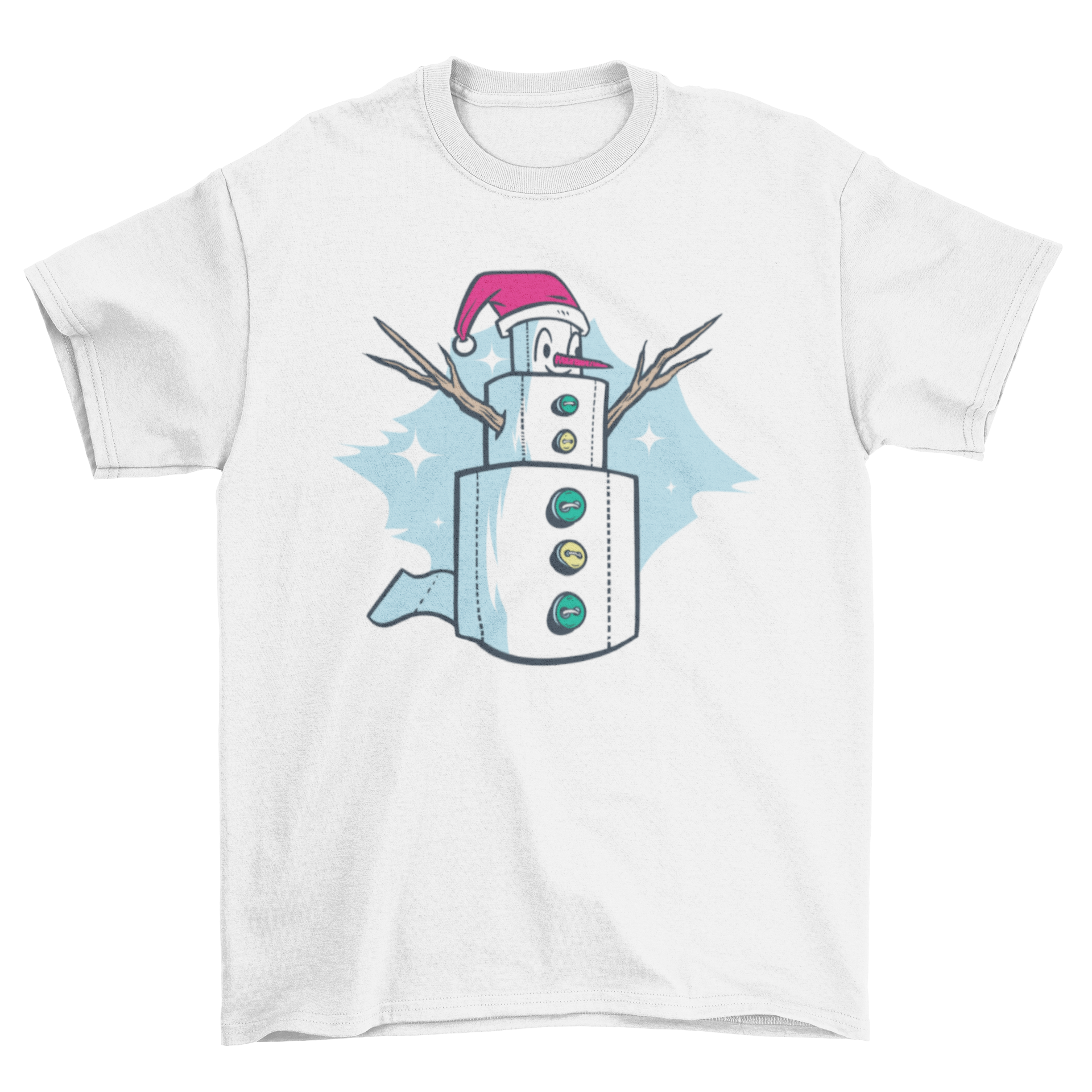 A humorous t-shirt featuring a snowman made of toilet paper rolls, perfect for holiday celebrations.