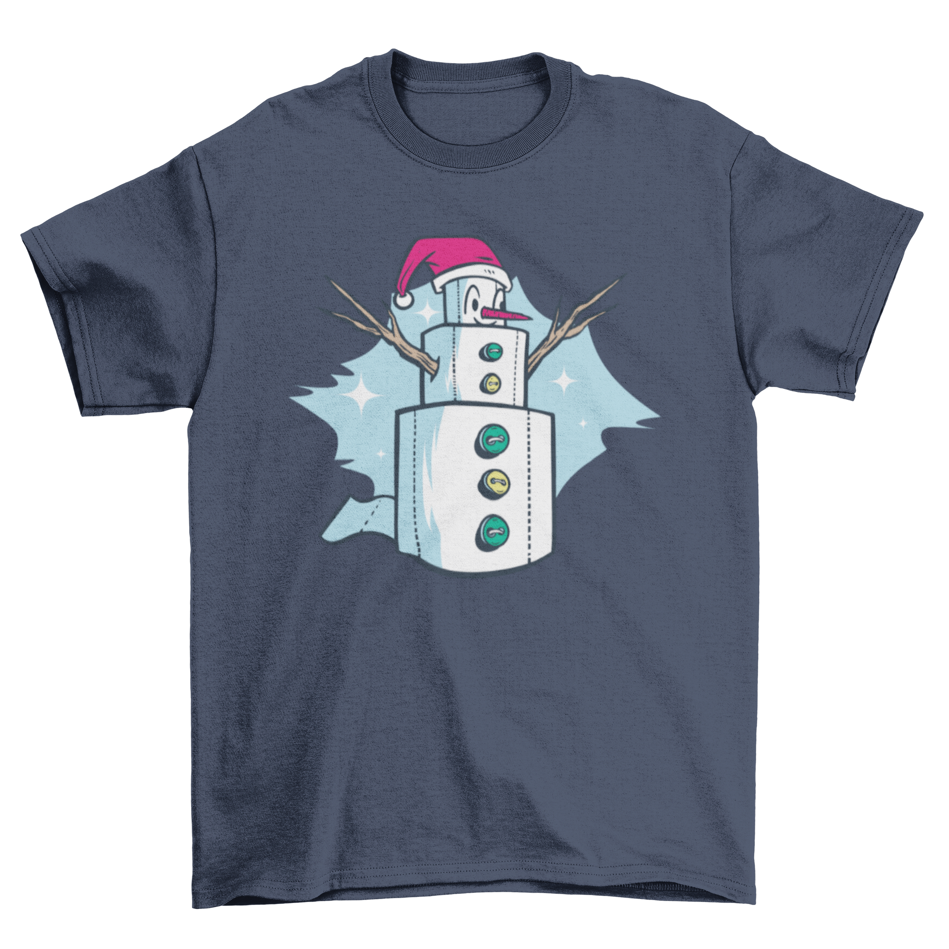 A humorous t-shirt featuring a snowman made of toilet paper rolls, perfect for holiday celebrations.