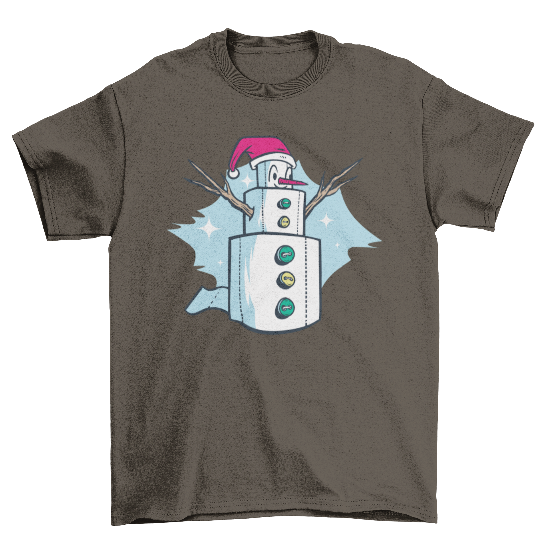 A humorous t-shirt featuring a snowman made of toilet paper rolls, perfect for holiday celebrations.
