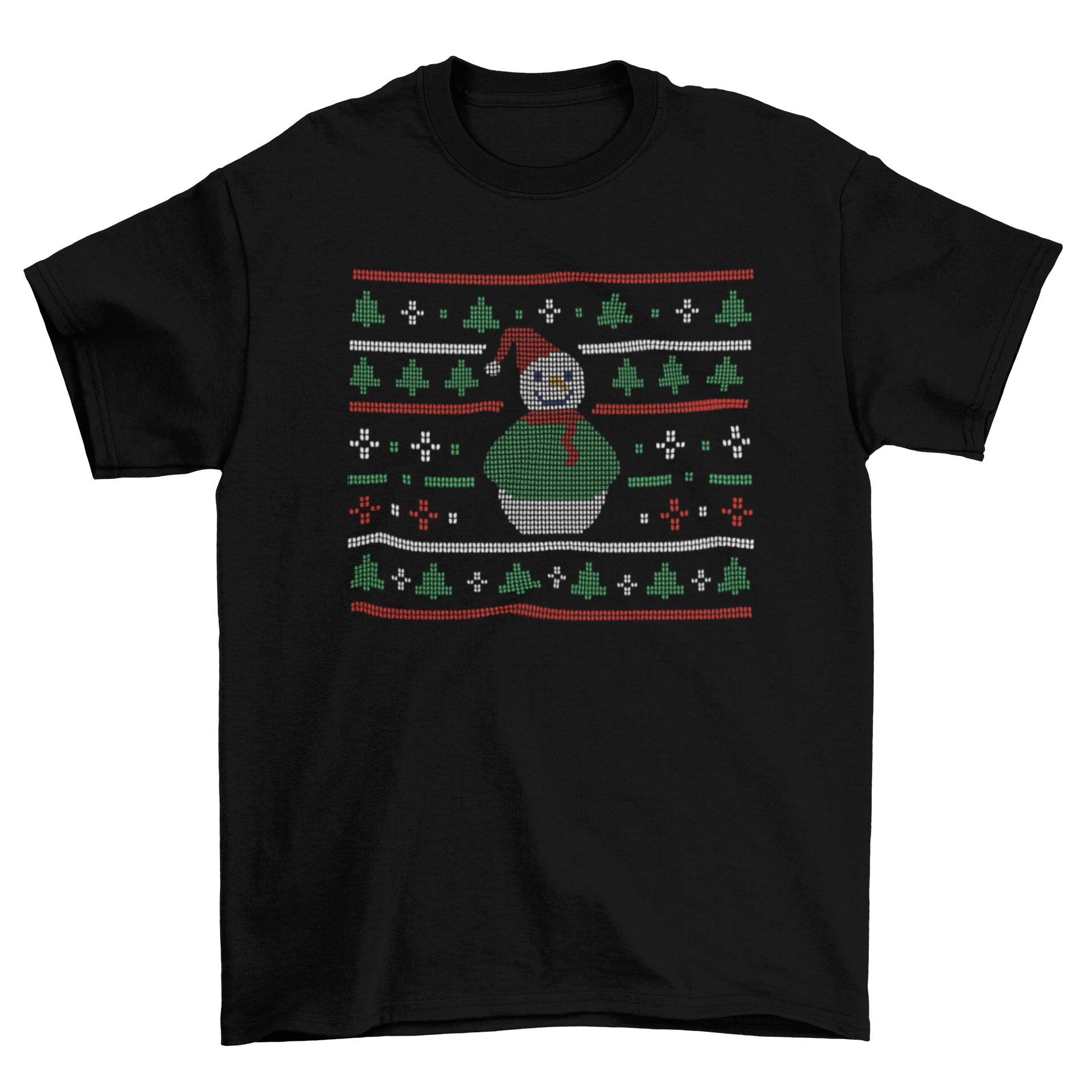 A fun t-shirt featuring a snowman in an ugly Christmas sweater with a Christmas tree design.