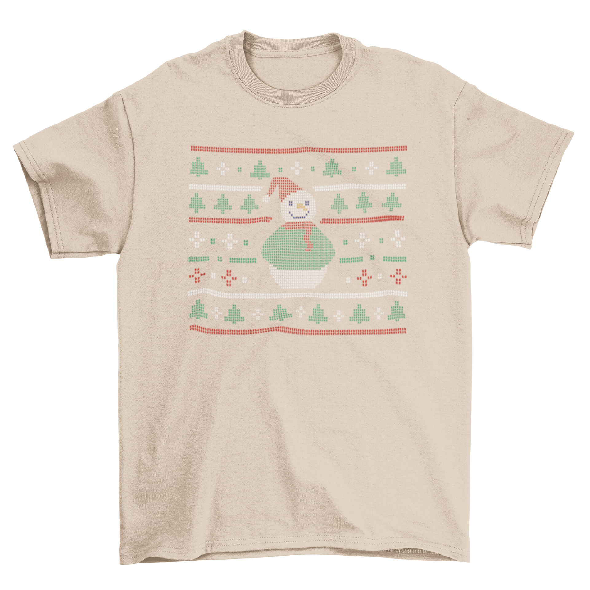 A fun t-shirt featuring a snowman in an ugly Christmas sweater with a Christmas tree design.