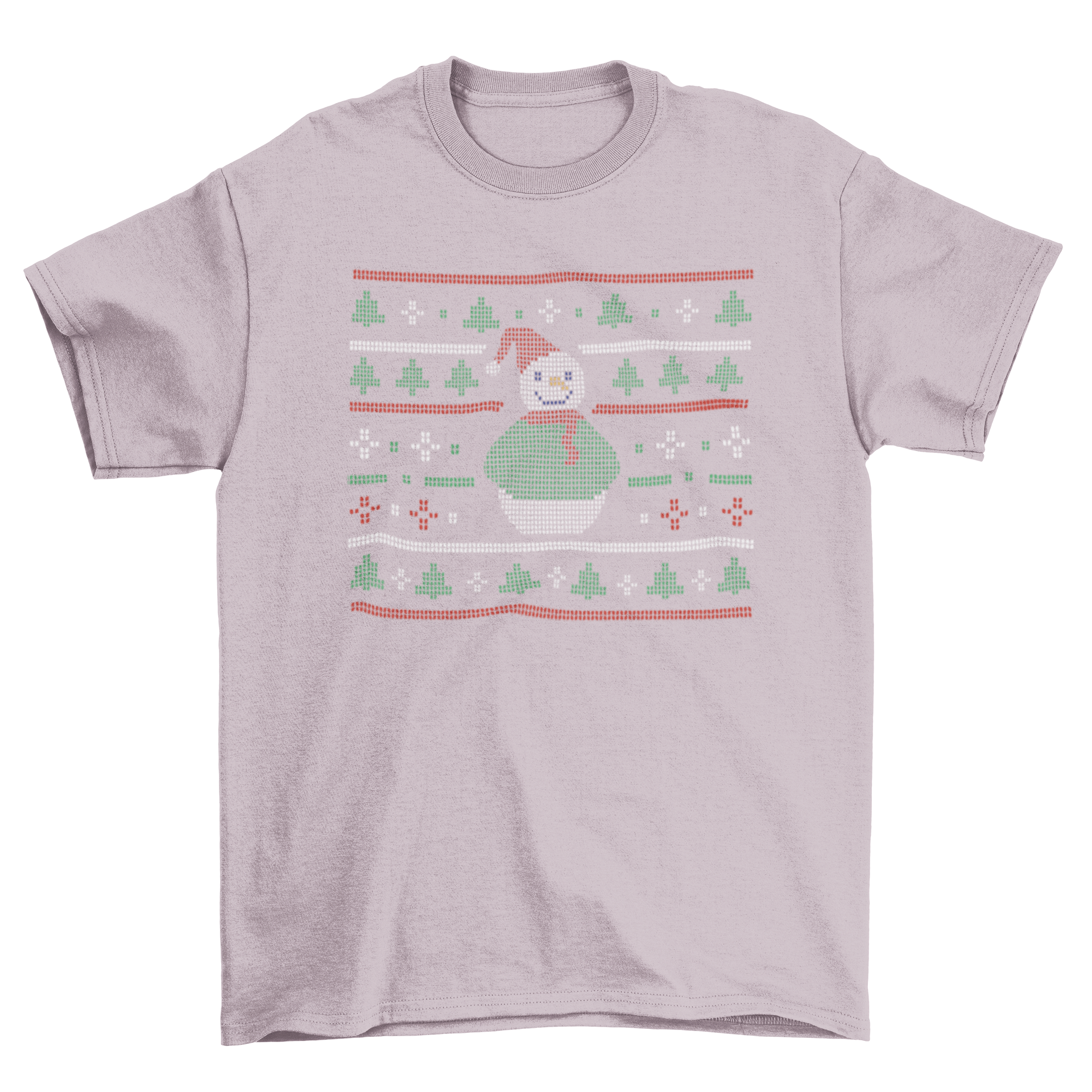 A fun t-shirt featuring a snowman in an ugly Christmas sweater with a Christmas tree design.