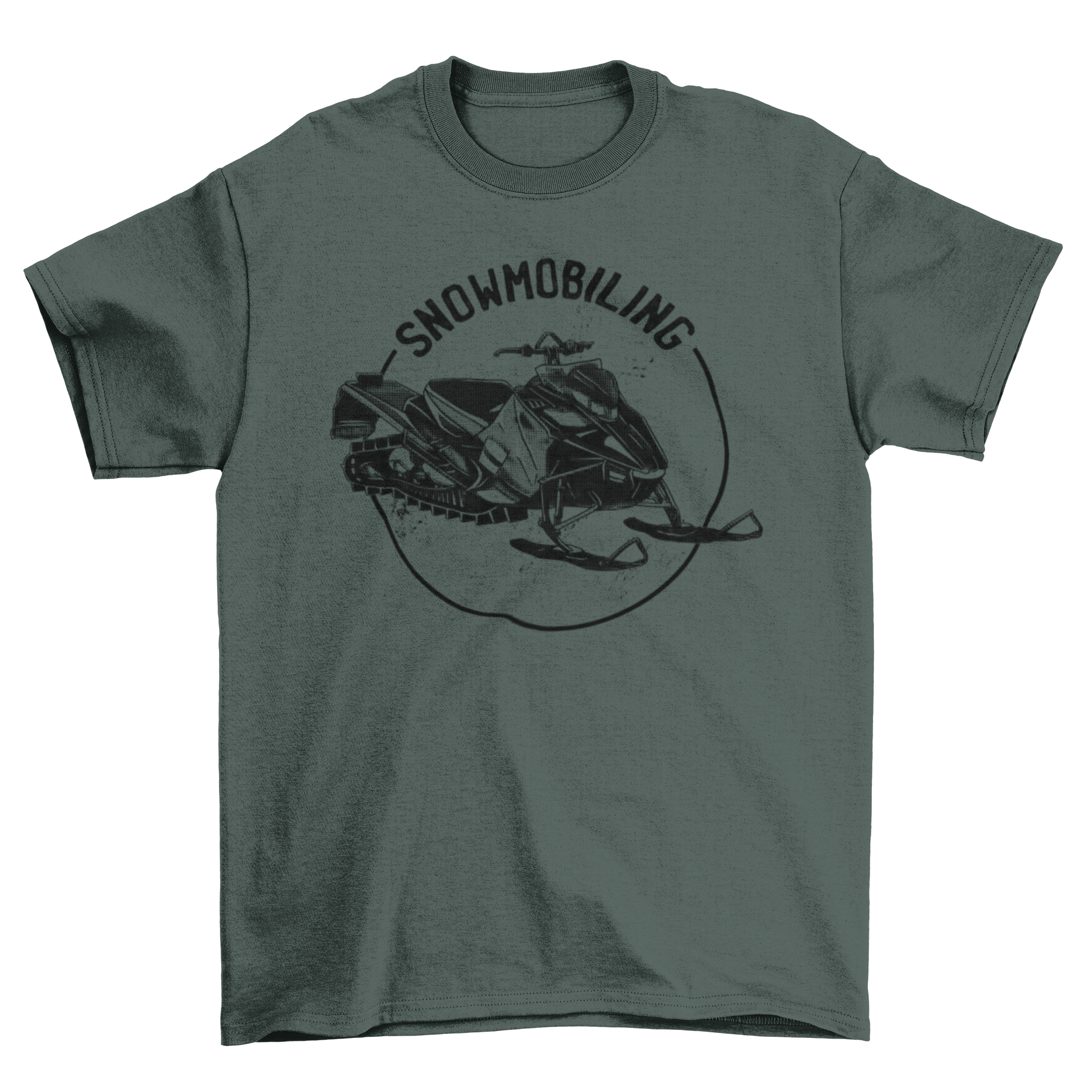 A stylish snowmobiling t-shirt featuring a snow motorcycle graphic and the word 'Snowmobiling'.