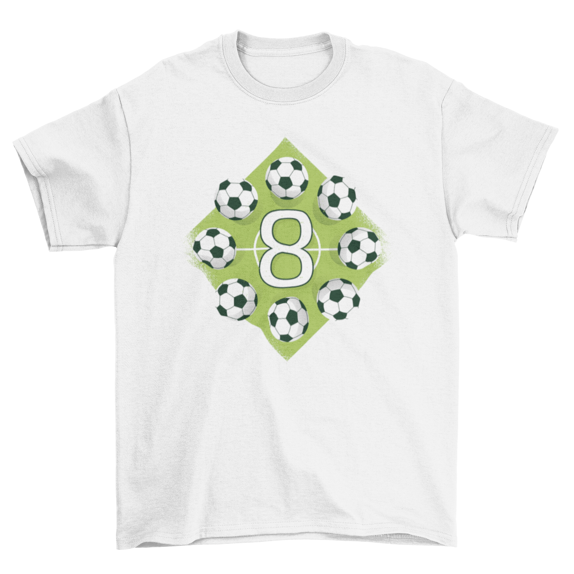 Soccer 8th Birthday T-Shirt featuring a soccer field design with a large number 8 and eight soccer balls, perfect for birthday celebrations.