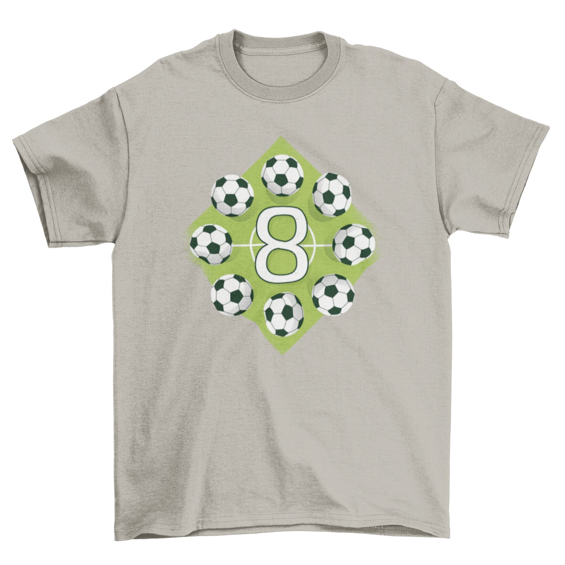 Soccer 8th Birthday T-Shirt featuring a soccer field design with a large number 8 and eight soccer balls, perfect for birthday celebrations.