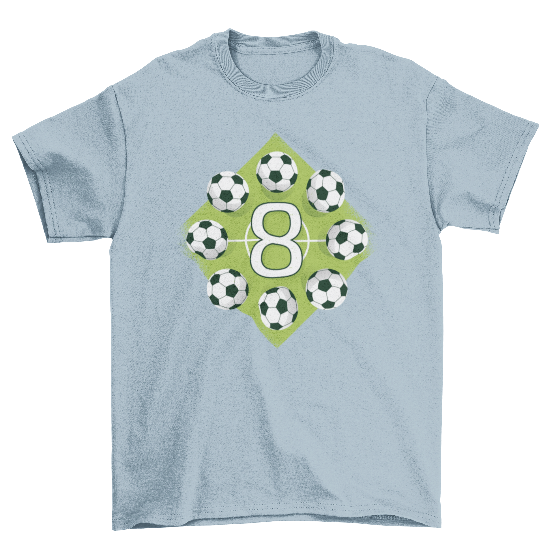 Soccer 8th Birthday T-Shirt featuring a soccer field design with a large number 8 and eight soccer balls, perfect for birthday celebrations.