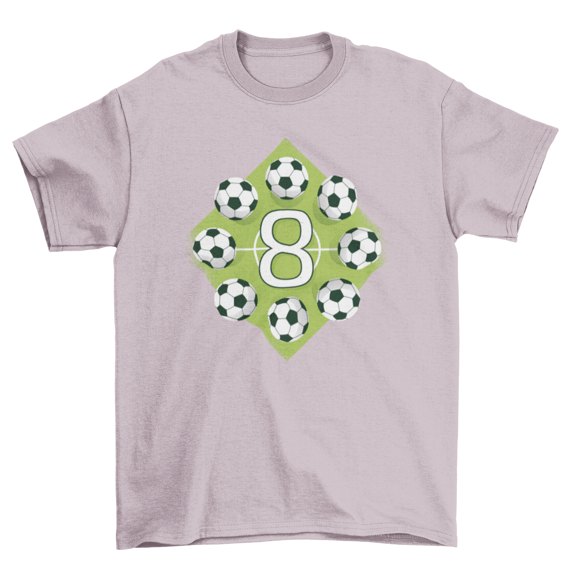 Soccer 8th Birthday T-Shirt featuring a soccer field design with a large number 8 and eight soccer balls, perfect for birthday celebrations.
