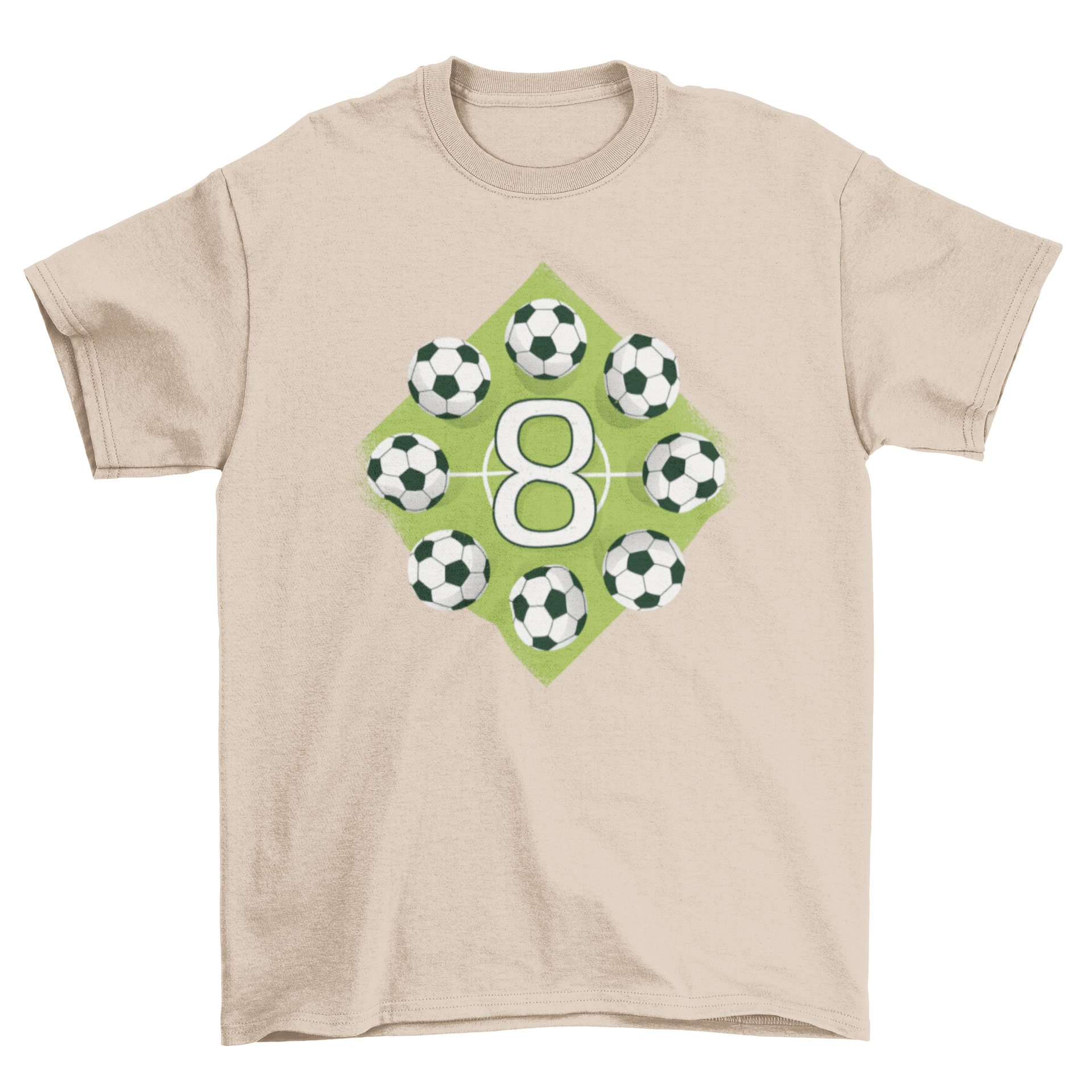 Soccer 8th Birthday T-Shirt featuring a soccer field design with a large number 8 and eight soccer balls, perfect for birthday celebrations.