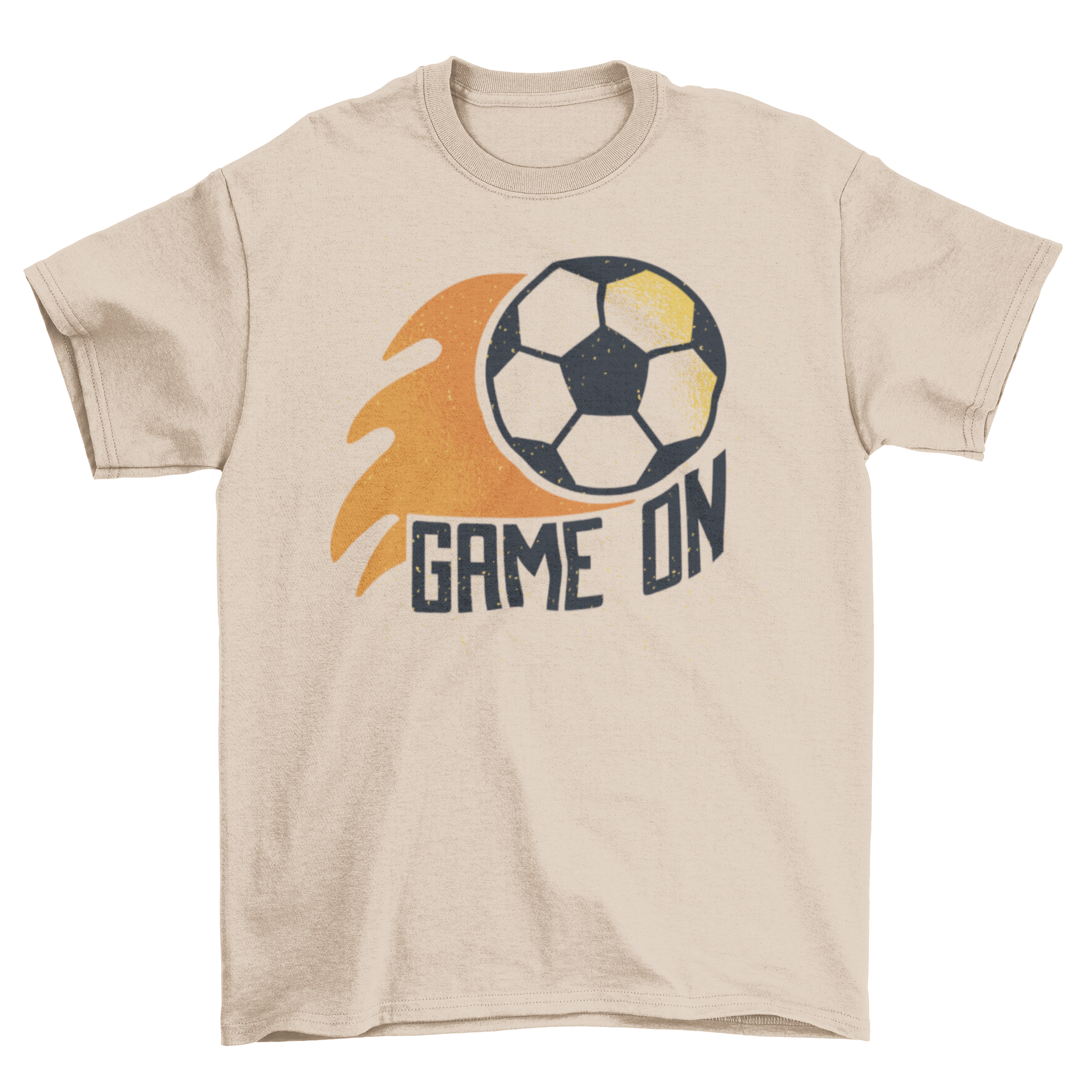 Soccer Game On t-shirt featuring a fiery soccer ball design with 'Game On' caption.