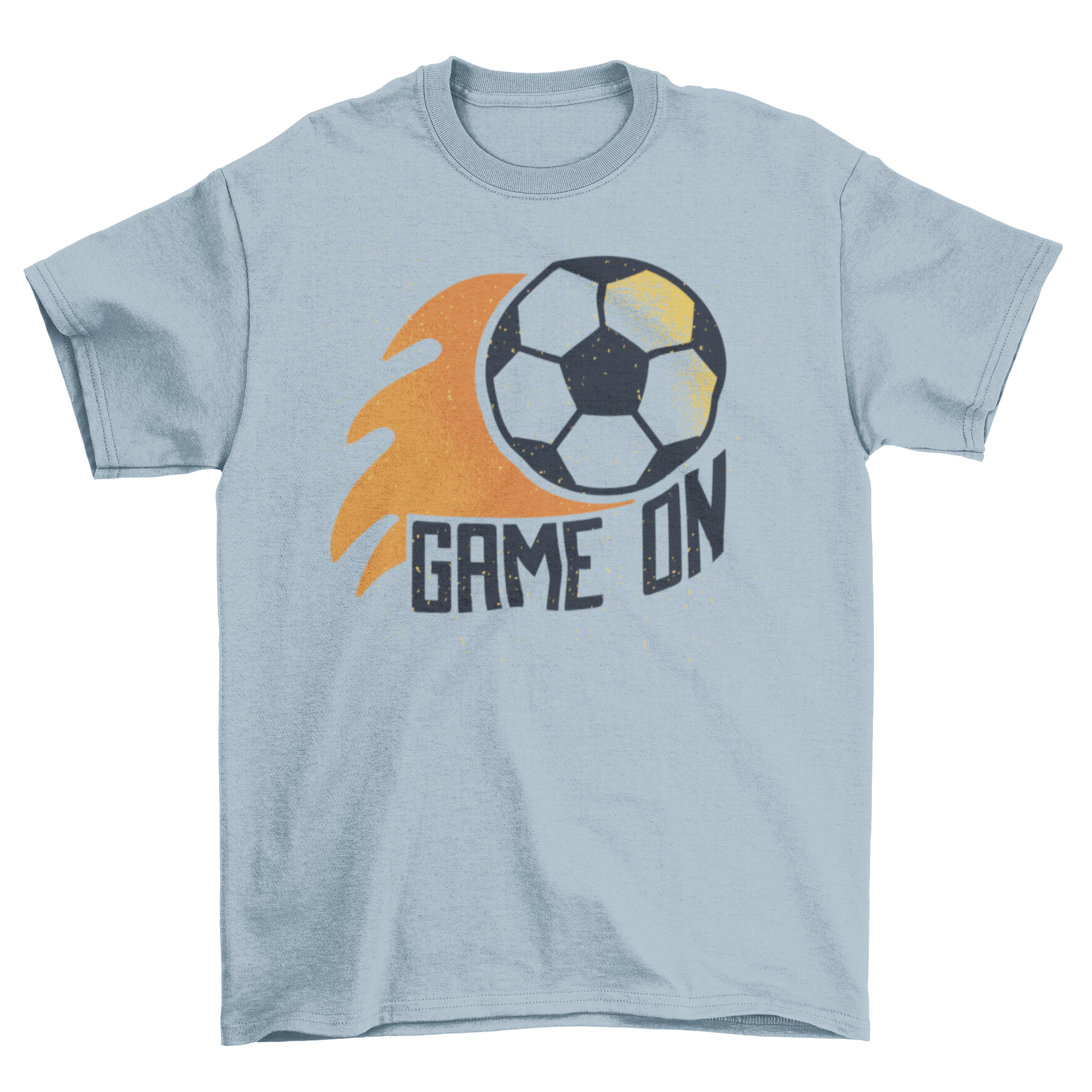 Soccer Game On t-shirt featuring a fiery soccer ball design with 'Game On' caption.