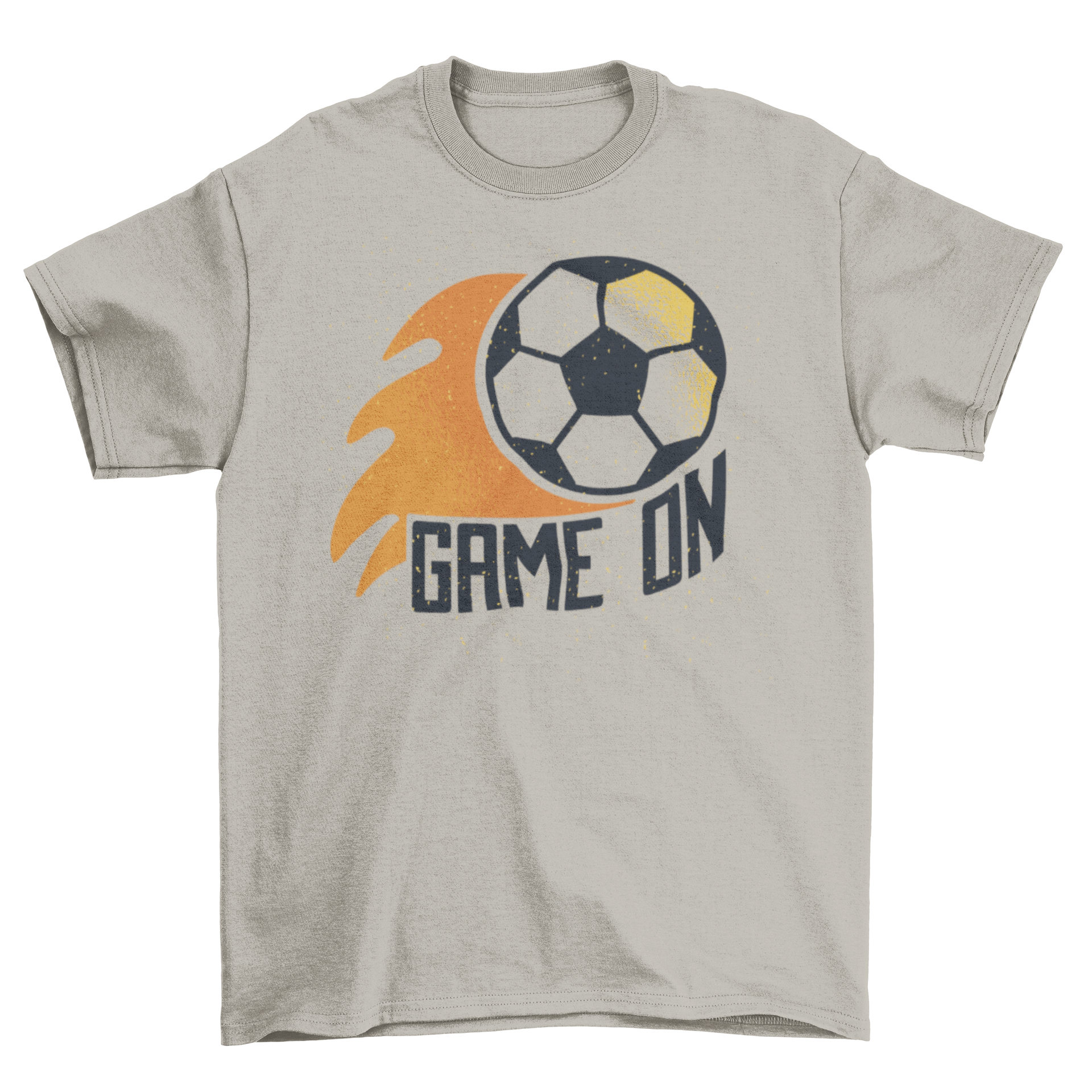 Soccer Game On t-shirt featuring a fiery soccer ball design with 'Game On' caption.