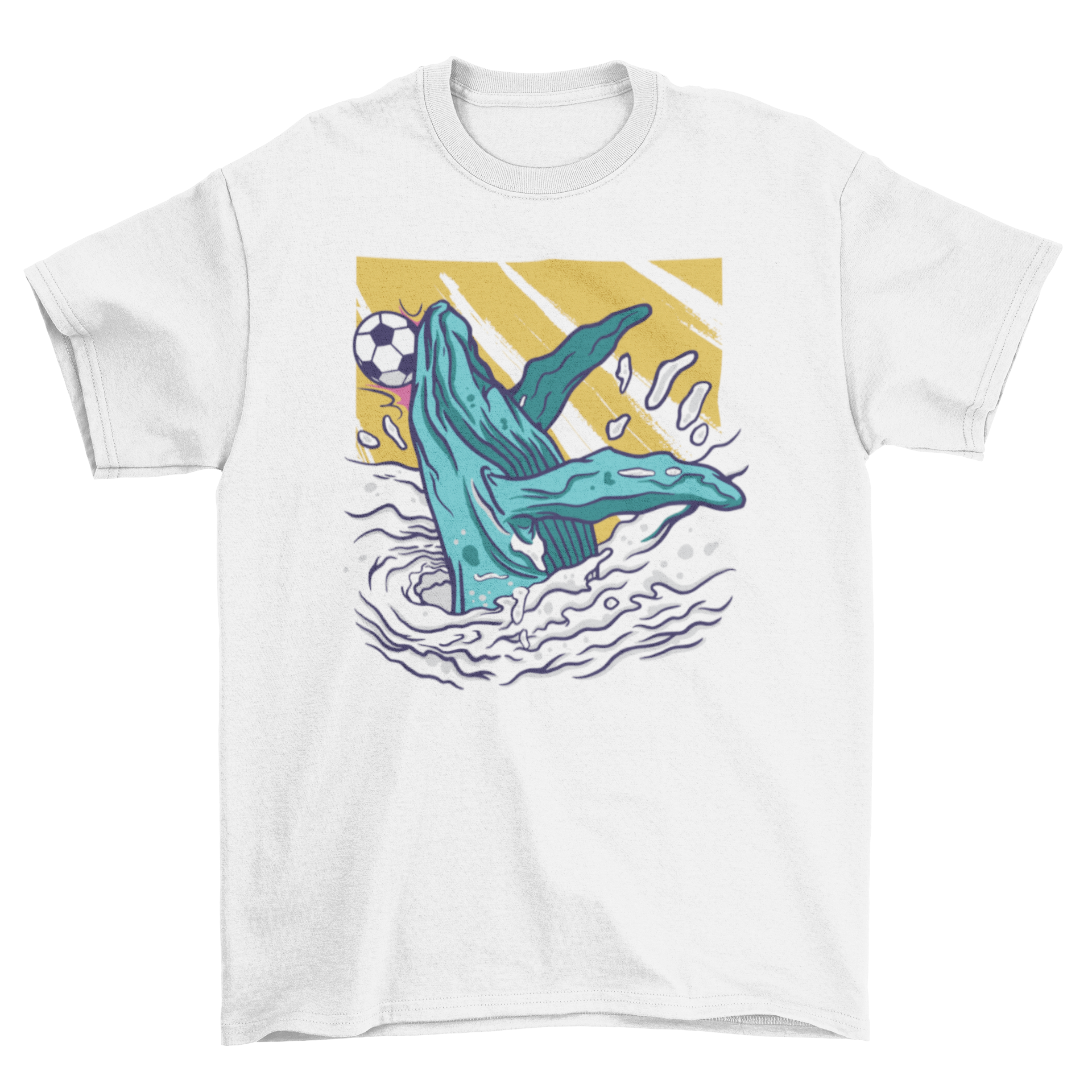 A vibrant t-shirt featuring a whale jumping out of the water to head a soccer ball, perfect for soccer fans.