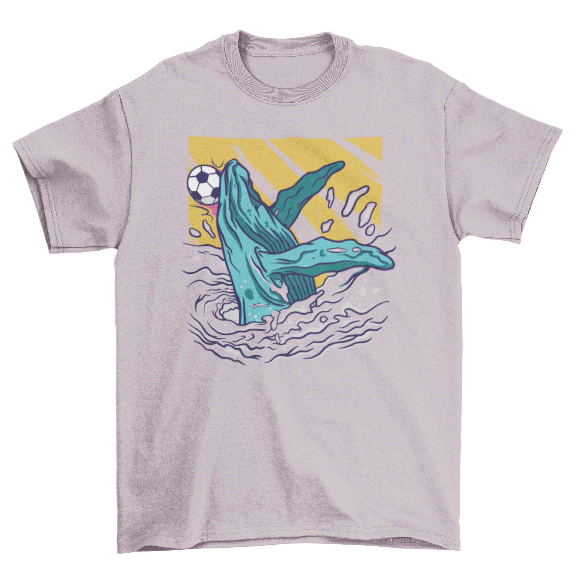 A vibrant t-shirt featuring a whale jumping out of the water to head a soccer ball, perfect for soccer fans.