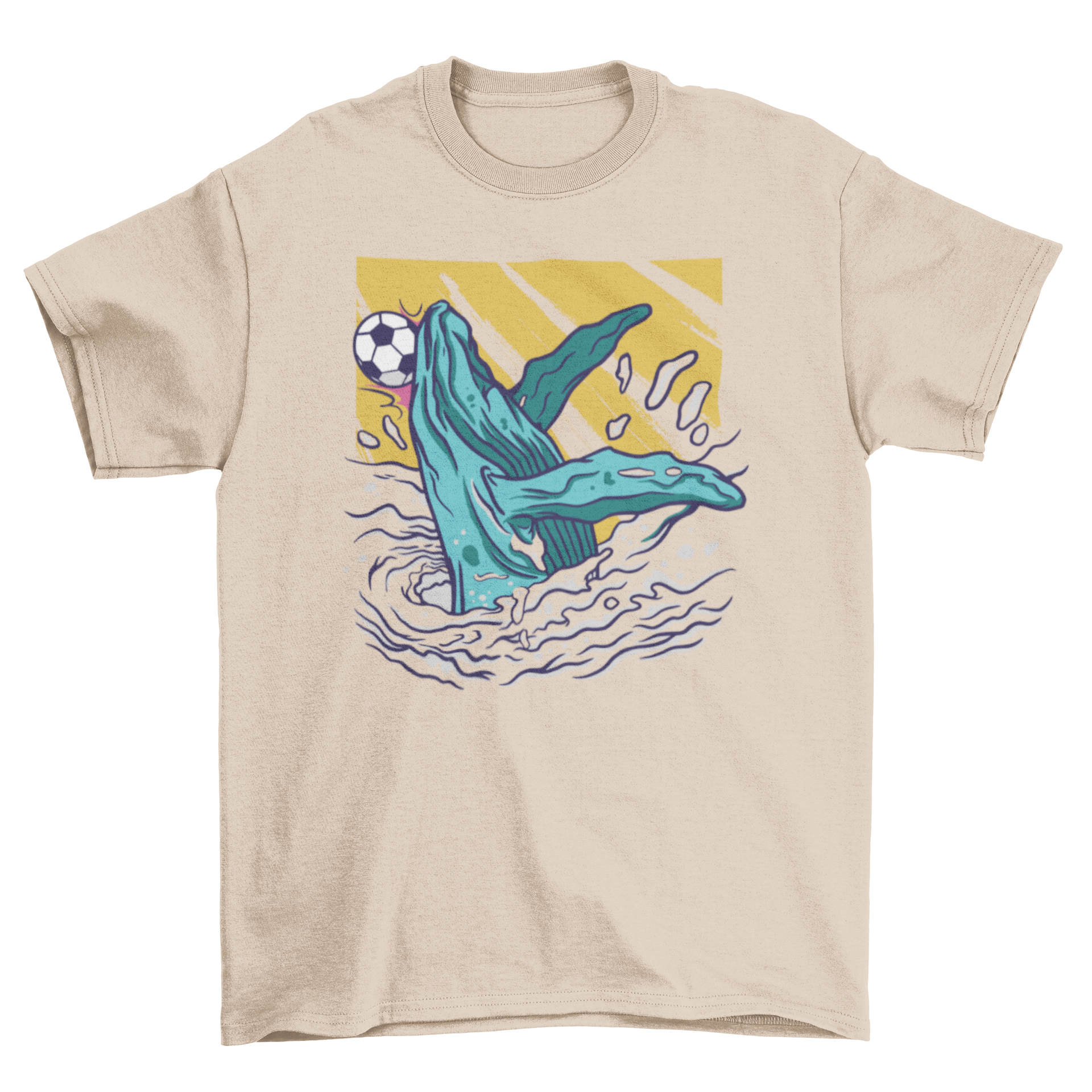 A vibrant t-shirt featuring a whale jumping out of the water to head a soccer ball, perfect for soccer fans.