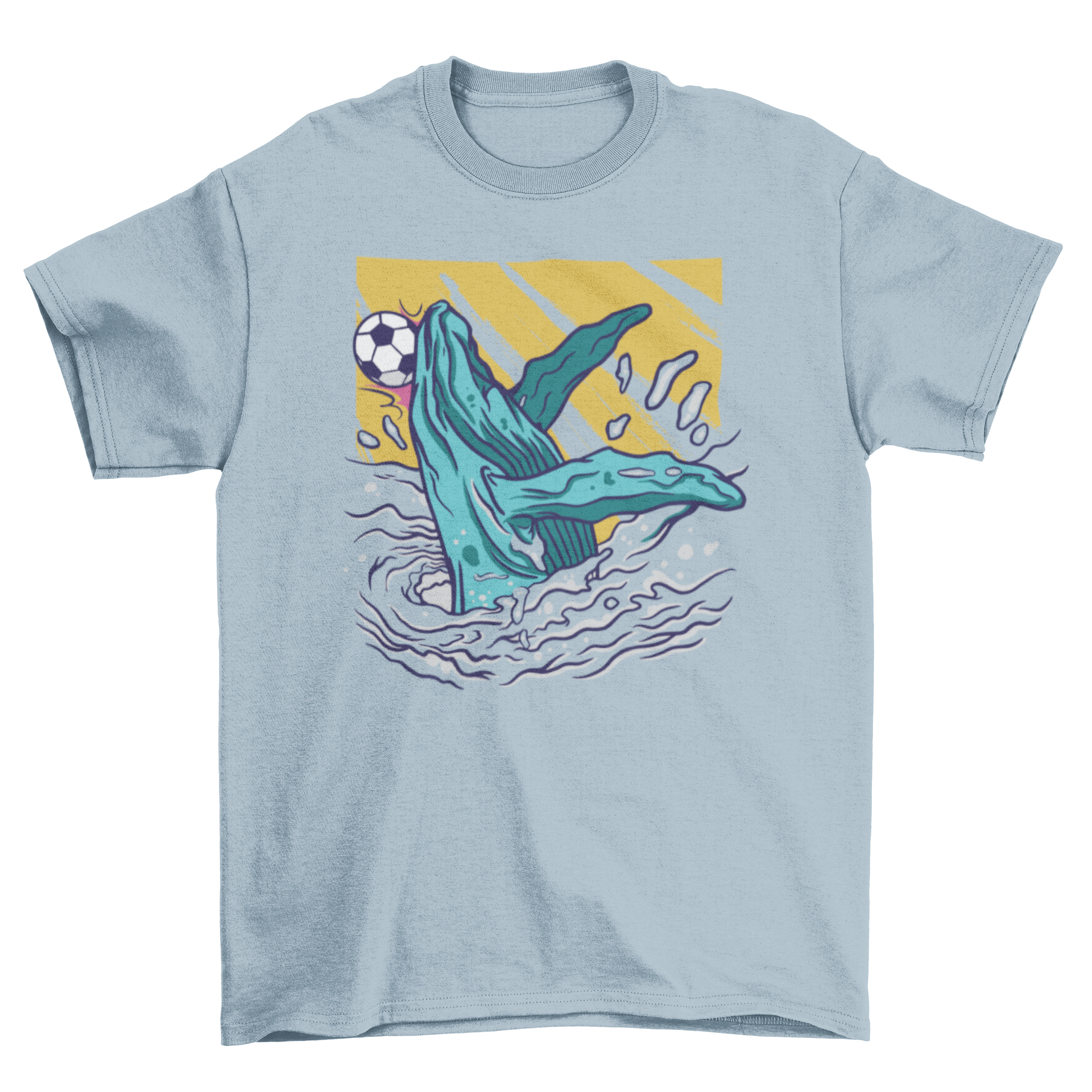 A vibrant t-shirt featuring a whale jumping out of the water to head a soccer ball, perfect for soccer fans.