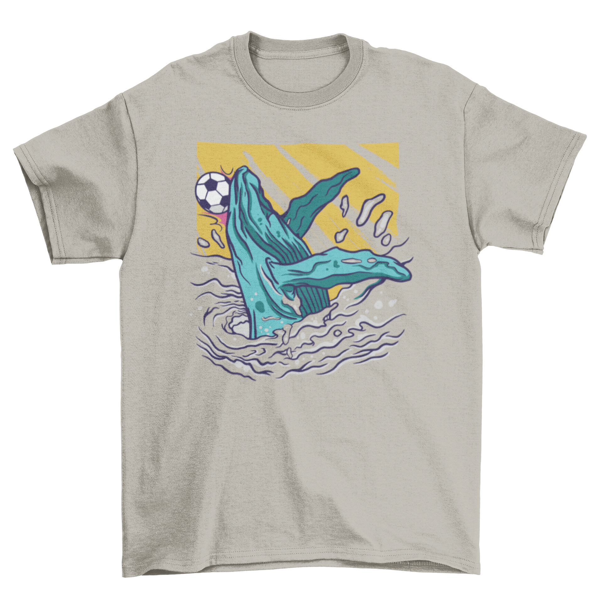 A vibrant t-shirt featuring a whale jumping out of the water to head a soccer ball, perfect for soccer fans.