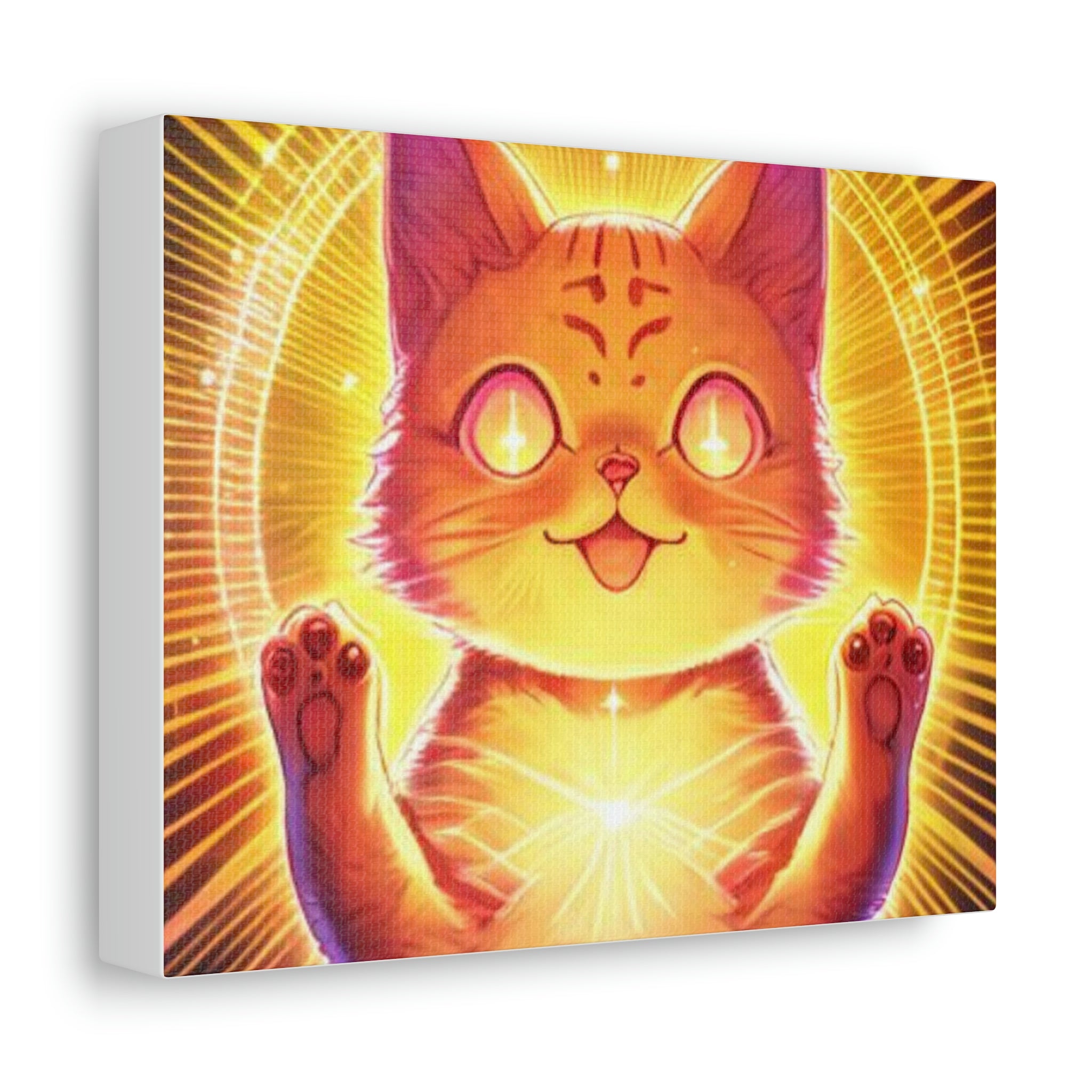 Solar Kitty Stretched Canvas art print on a wooden frame, showcasing vibrant colors and intricate details, perfect for indoor decoration.