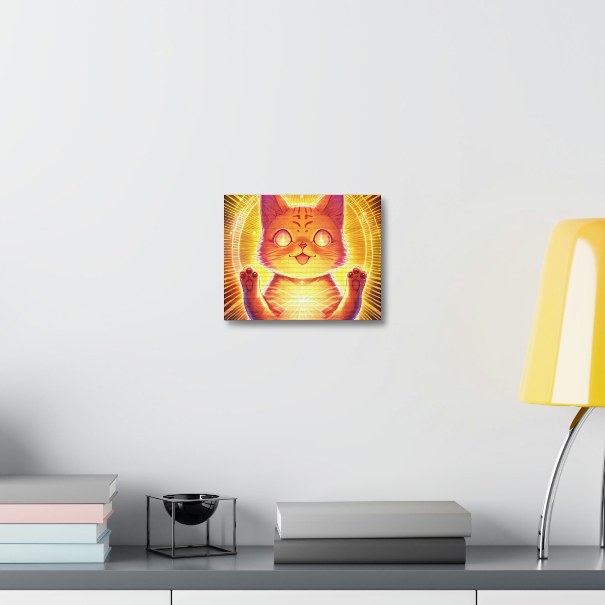 Solar Kitty Stretched Canvas art print on a wooden frame, showcasing vibrant colors and intricate details, perfect for indoor decoration.