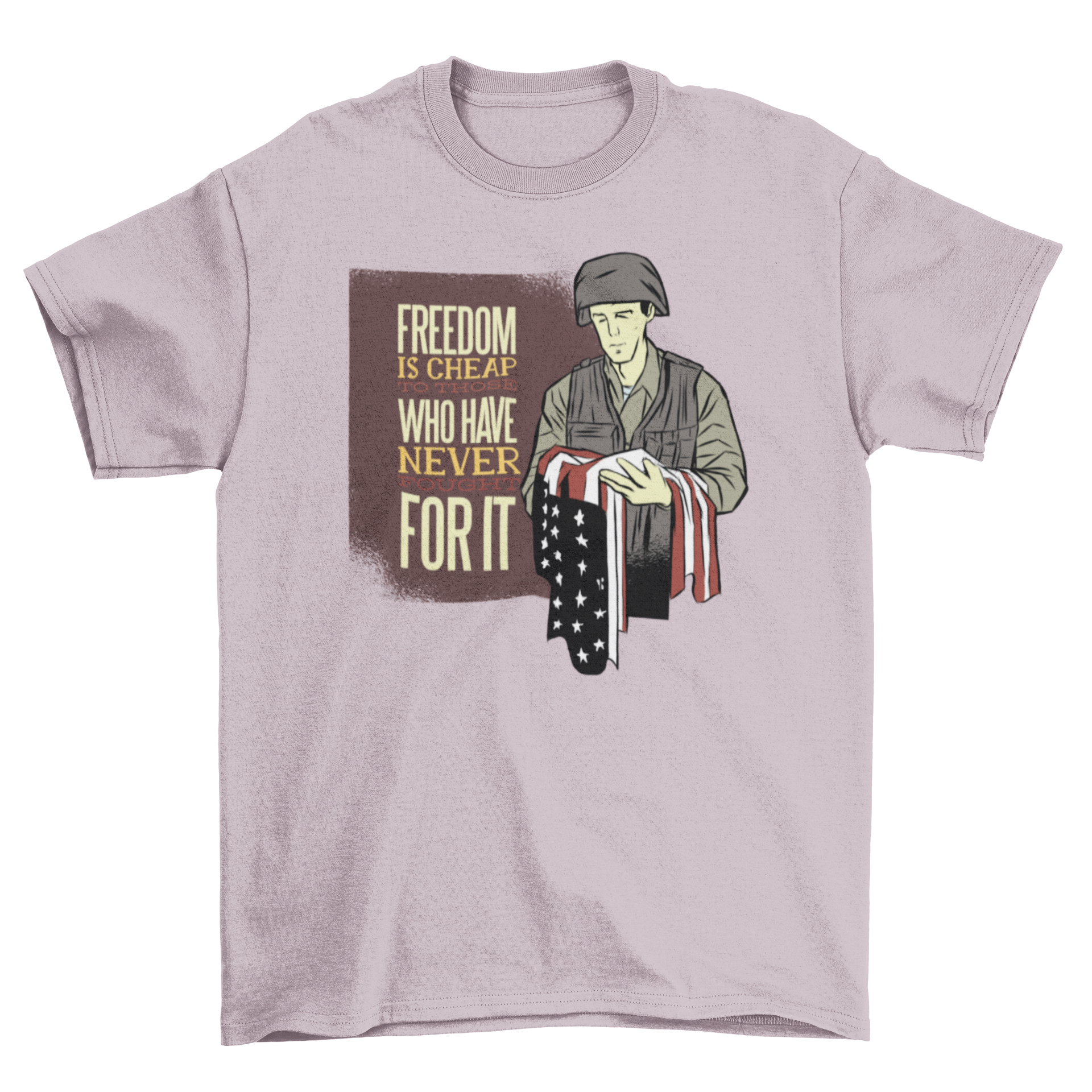 Soldier Quote T-Shirt featuring a soldier holding a USA flag with an inspirational quote about freedom.