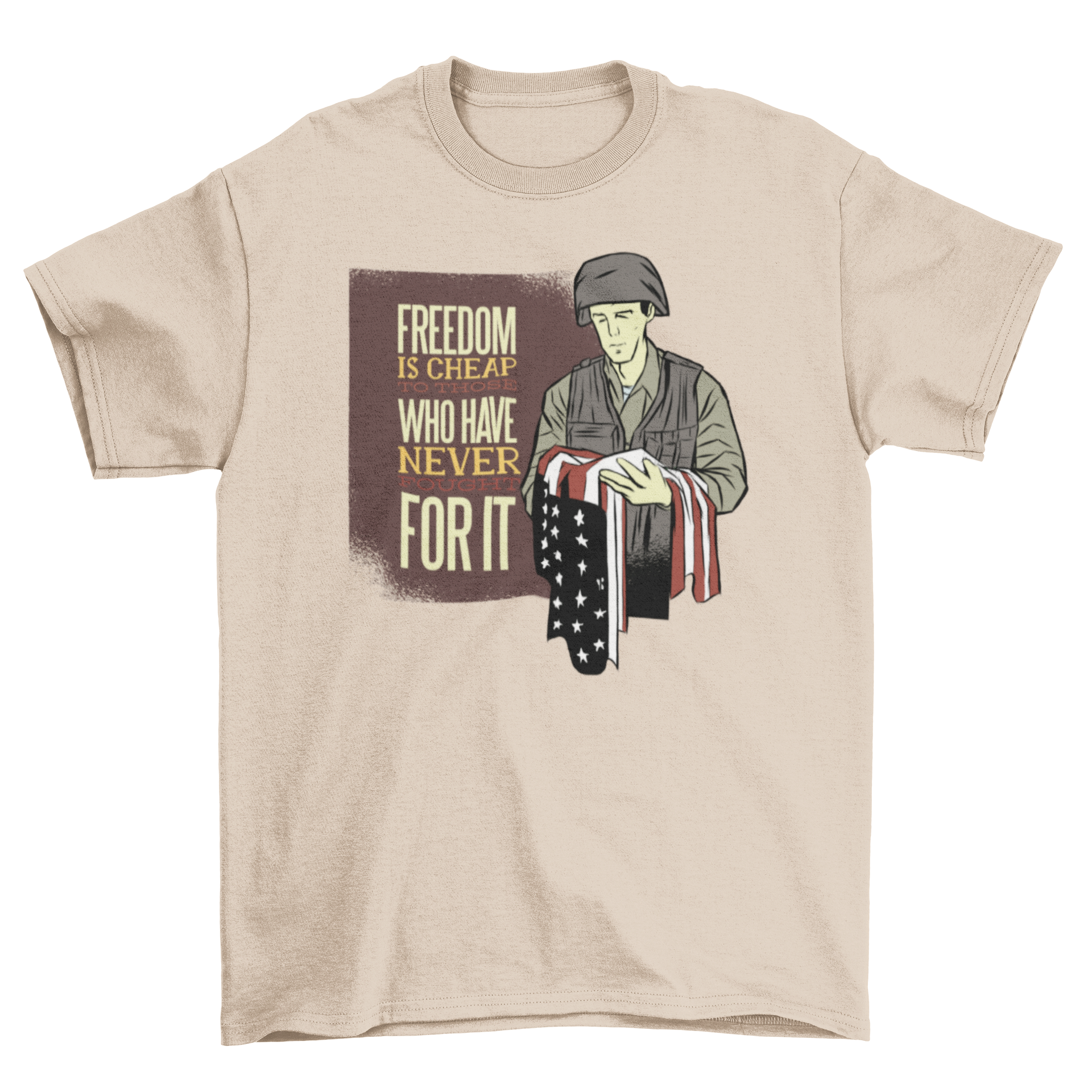 Soldier Quote T-Shirt featuring a soldier holding a USA flag with an inspirational quote about freedom.