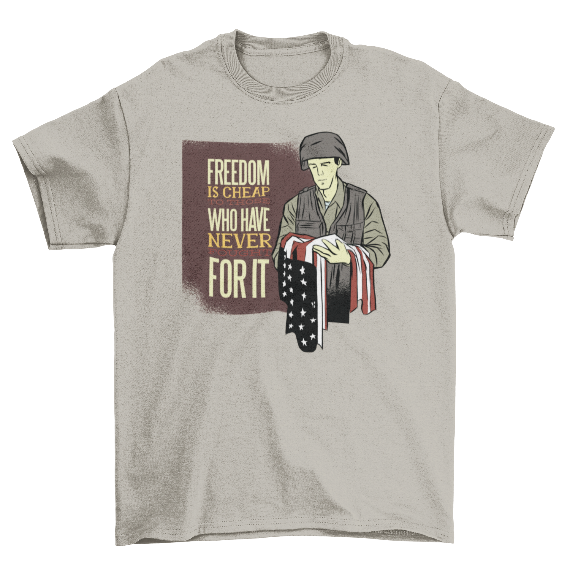 Soldier Quote T-Shirt featuring a soldier holding a USA flag with an inspirational quote about freedom.