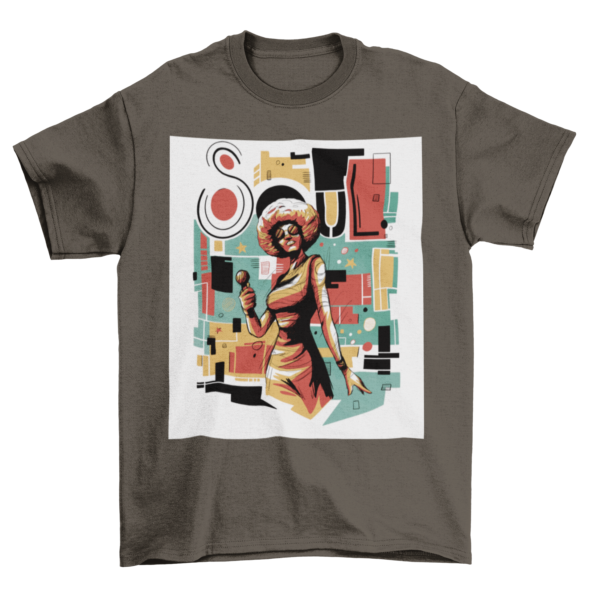 Soul Woman RnB musician t-shirt featuring abstract art design with vibrant colors.