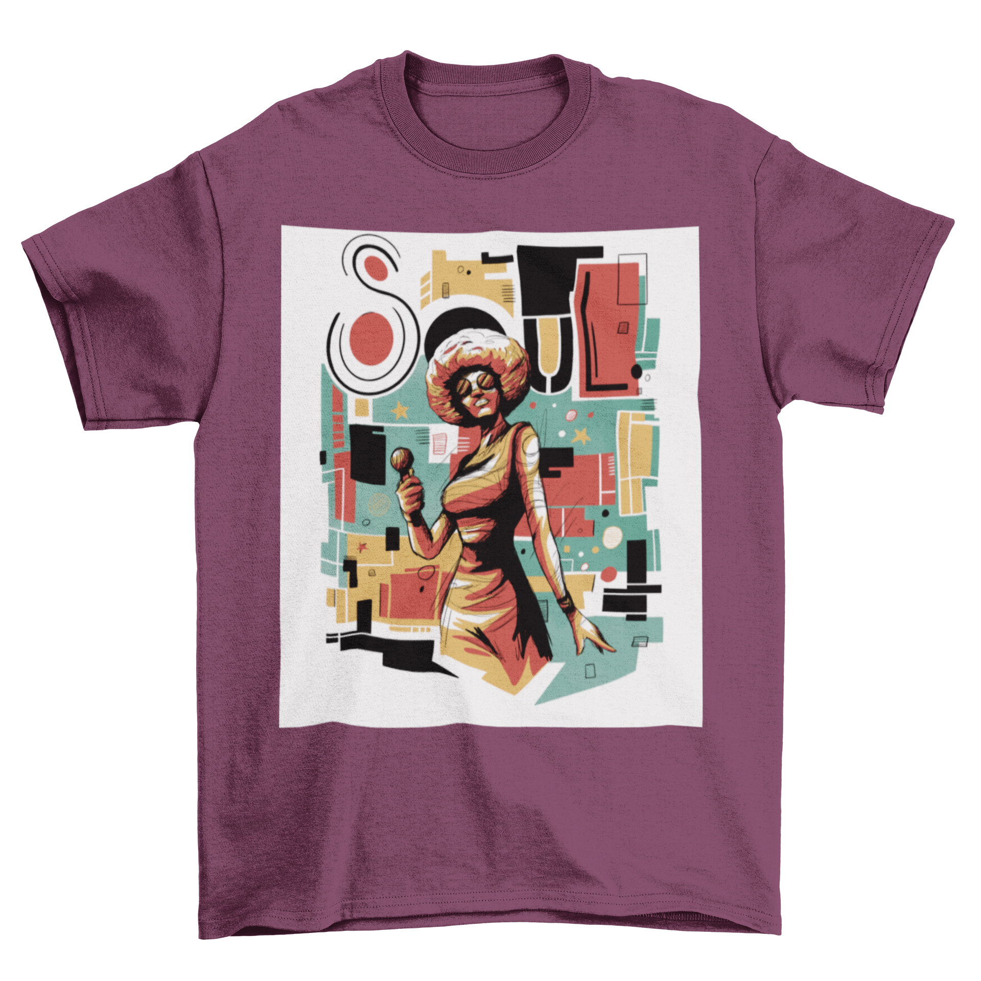 Soul Woman RnB musician t-shirt featuring abstract art design with vibrant colors.