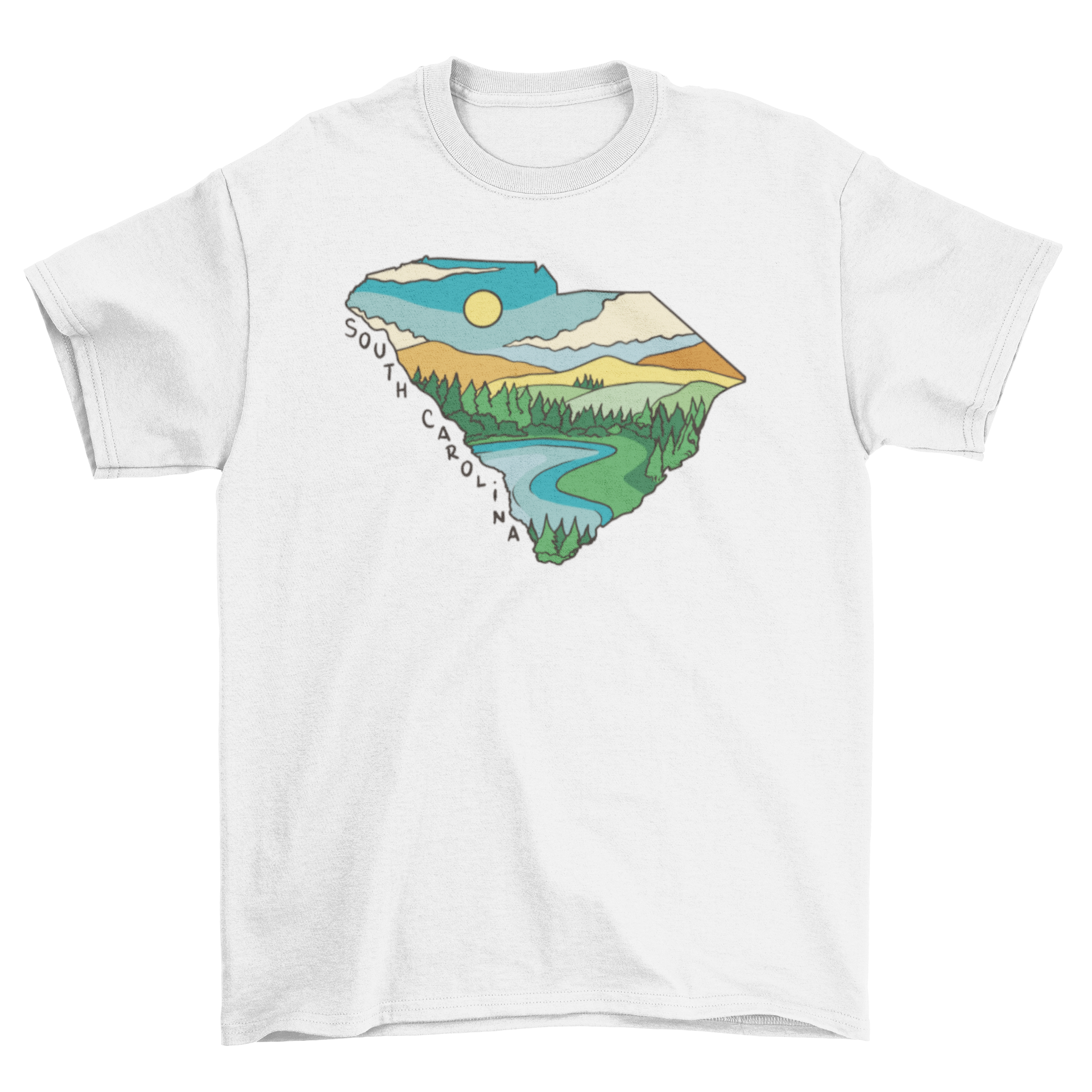 A stylish t-shirt featuring a landscape design inside the outline of South Carolina, showcasing its natural beauty.