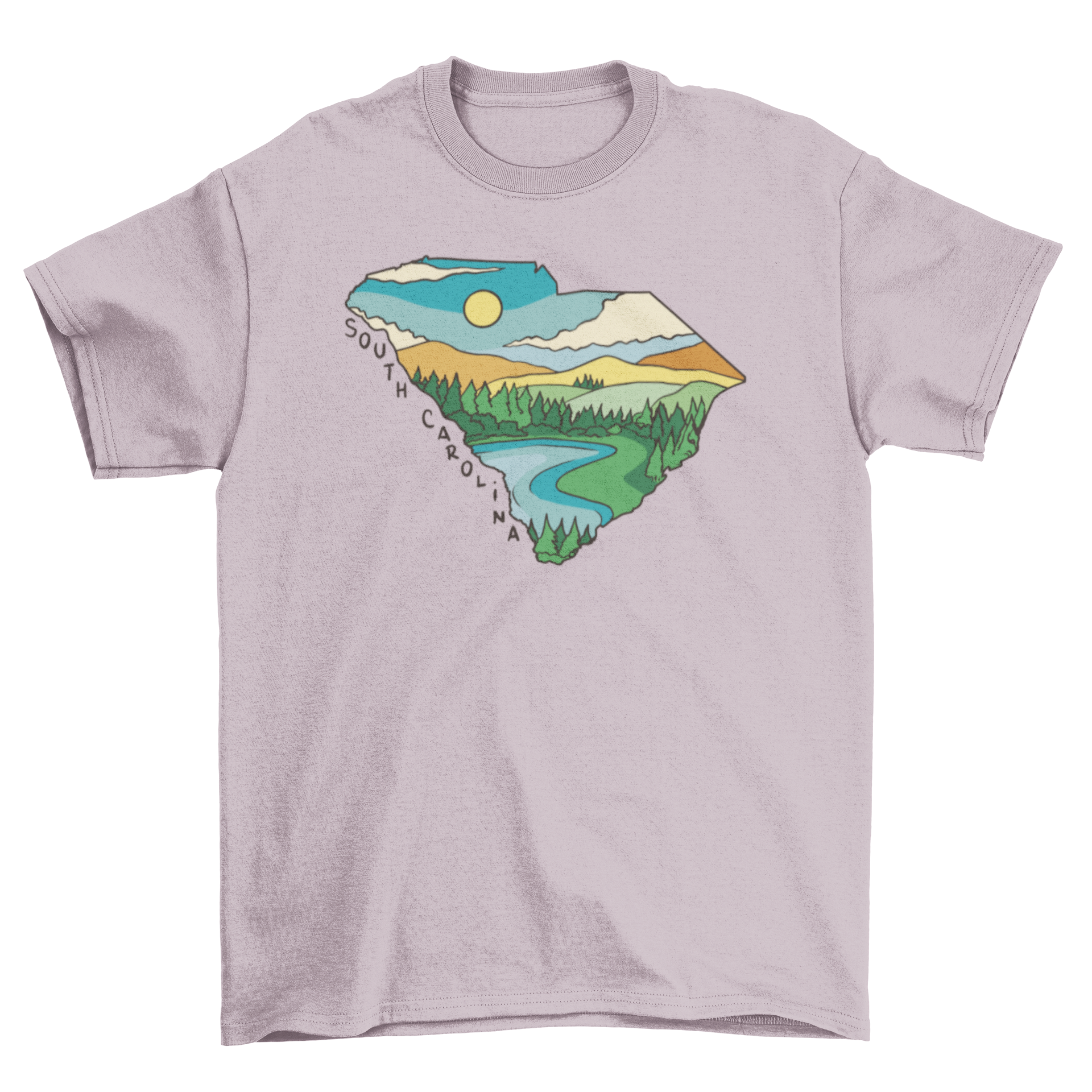 A stylish t-shirt featuring a landscape design inside the outline of South Carolina, showcasing its natural beauty.
