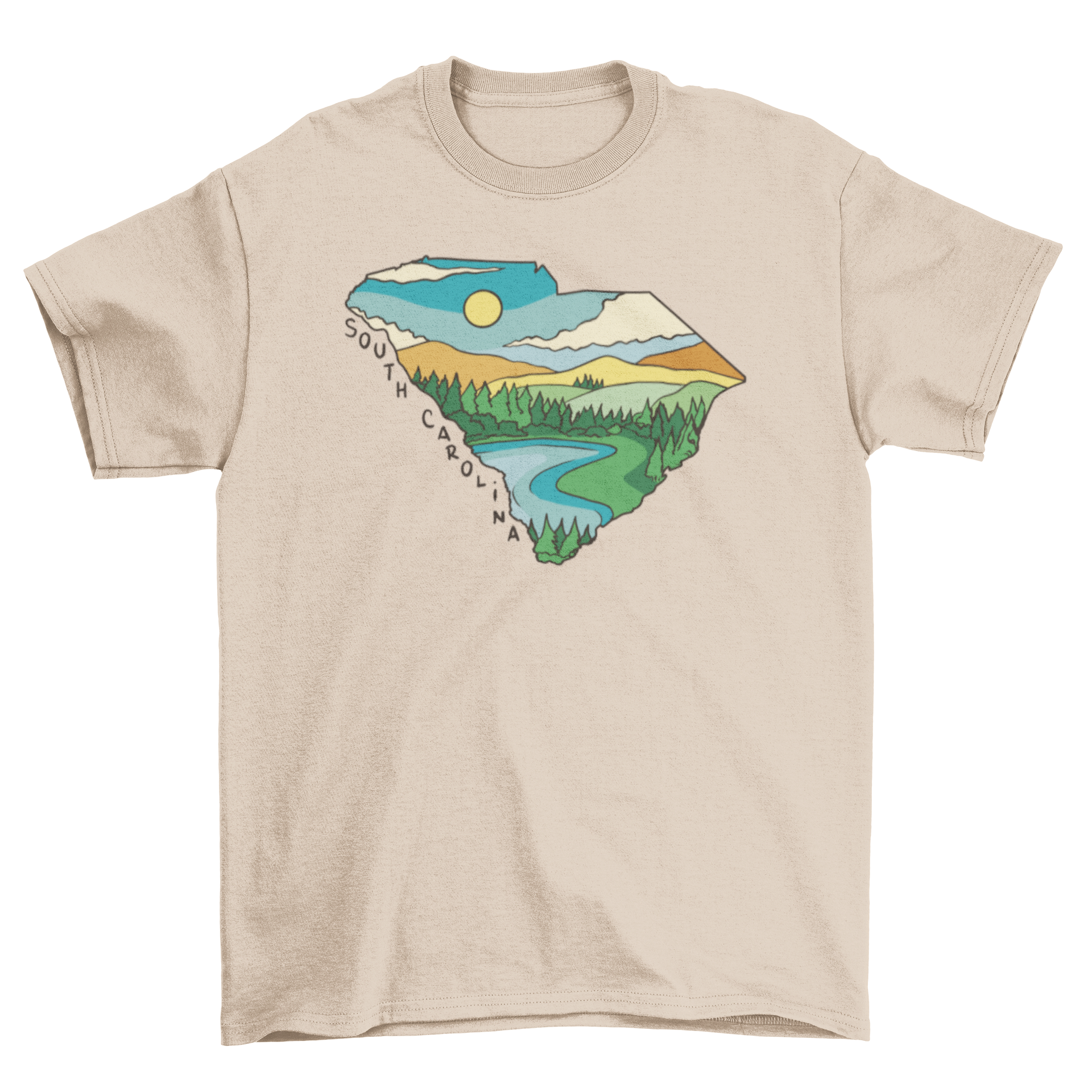 A stylish t-shirt featuring a landscape design inside the outline of South Carolina, showcasing its natural beauty.