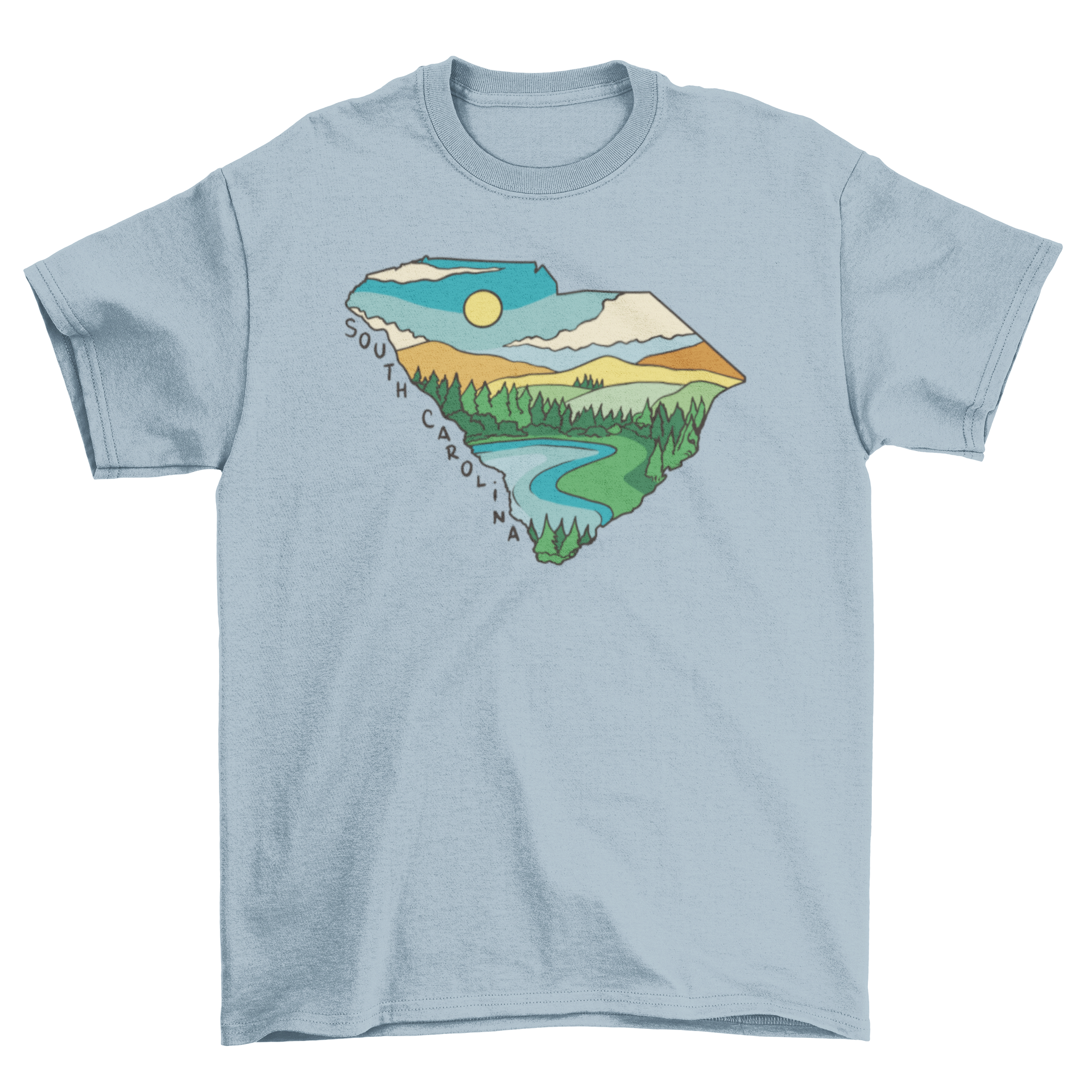 A stylish t-shirt featuring a landscape design inside the outline of South Carolina, showcasing its natural beauty.