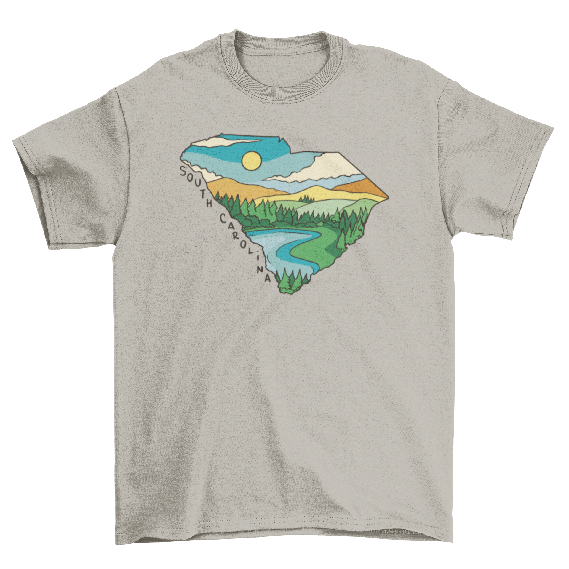 A stylish t-shirt featuring a landscape design inside the outline of South Carolina, showcasing its natural beauty.