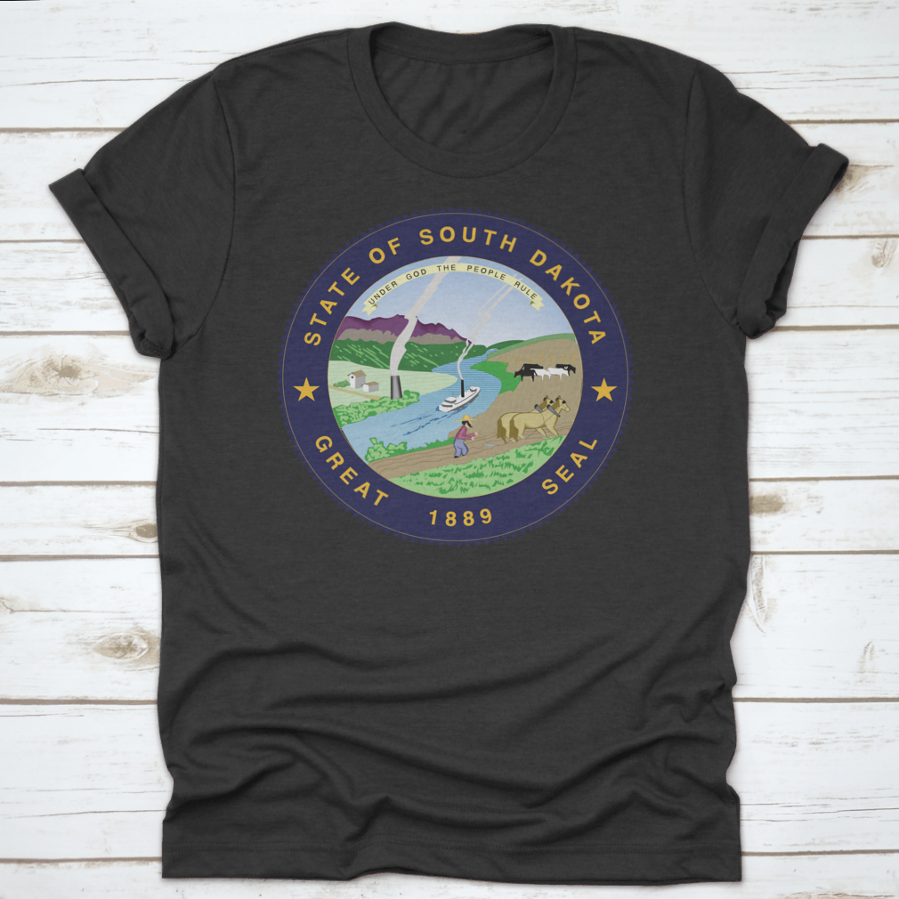 A stylish South Dakota State Flag Seal Love Heart shirt made from 100% cotton, featuring a unique heart design that showcases state pride.