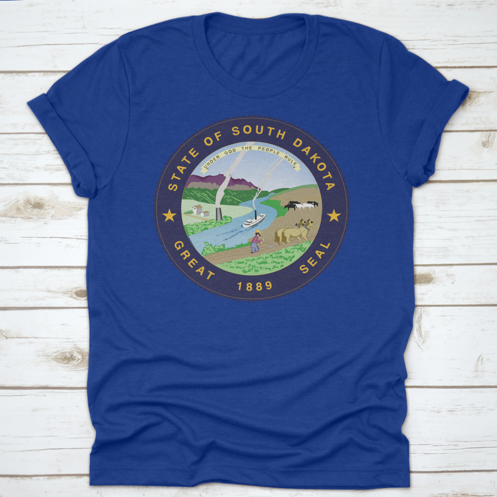 A stylish South Dakota State Flag Seal Love Heart shirt made from 100% cotton, featuring a unique heart design that showcases state pride.
