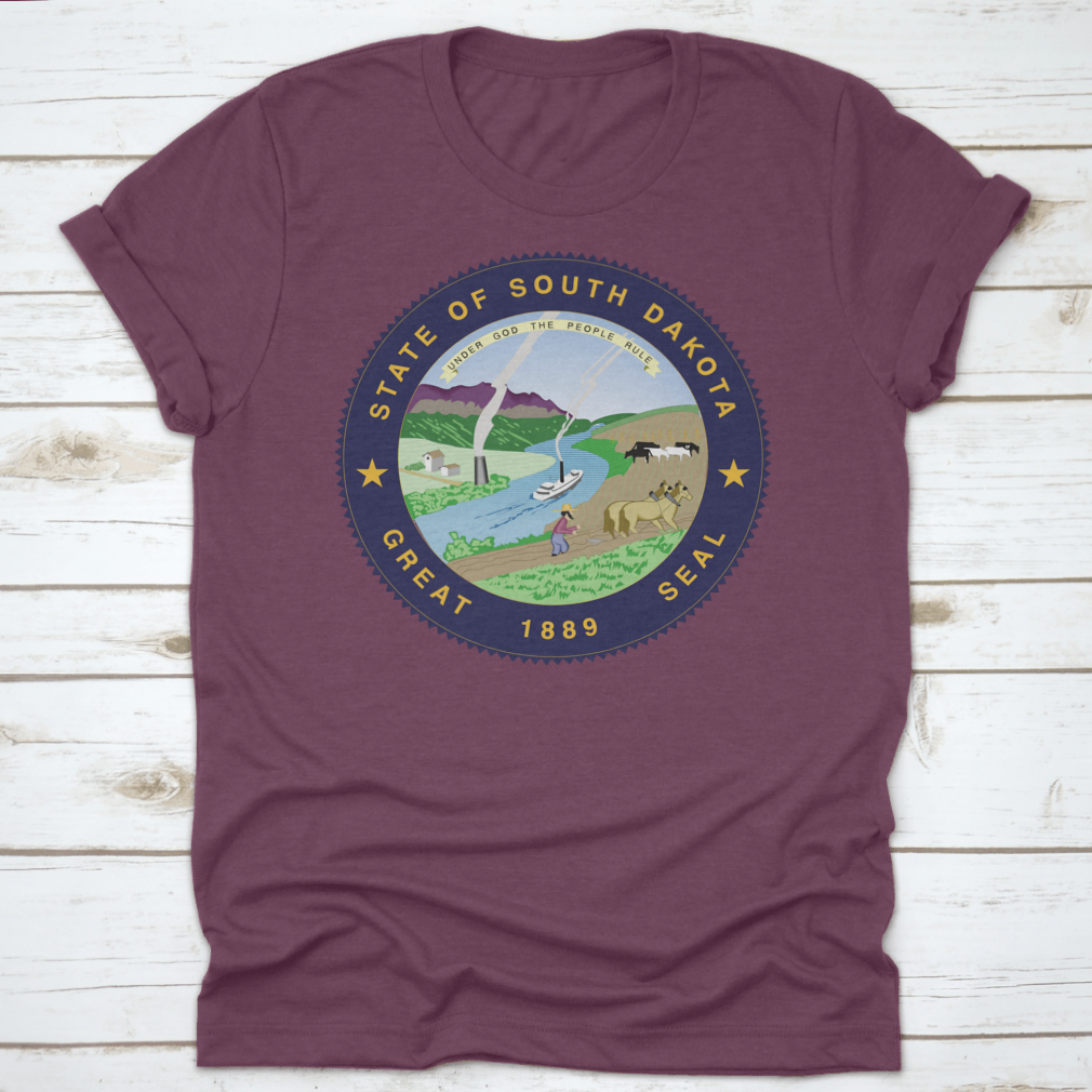 A stylish South Dakota State Flag Seal Love Heart shirt made from 100% cotton, featuring a unique heart design that showcases state pride.