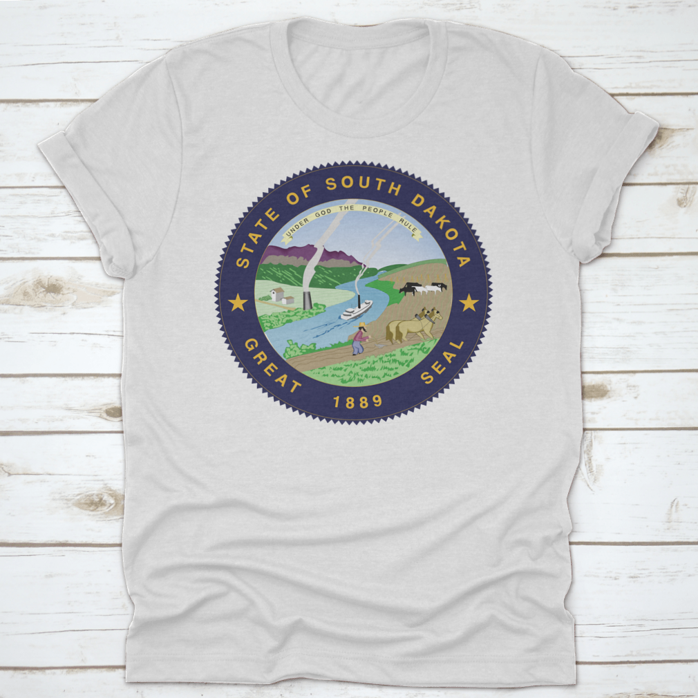 A stylish South Dakota State Flag Seal Love Heart shirt made from 100% cotton, featuring a unique heart design that showcases state pride.
